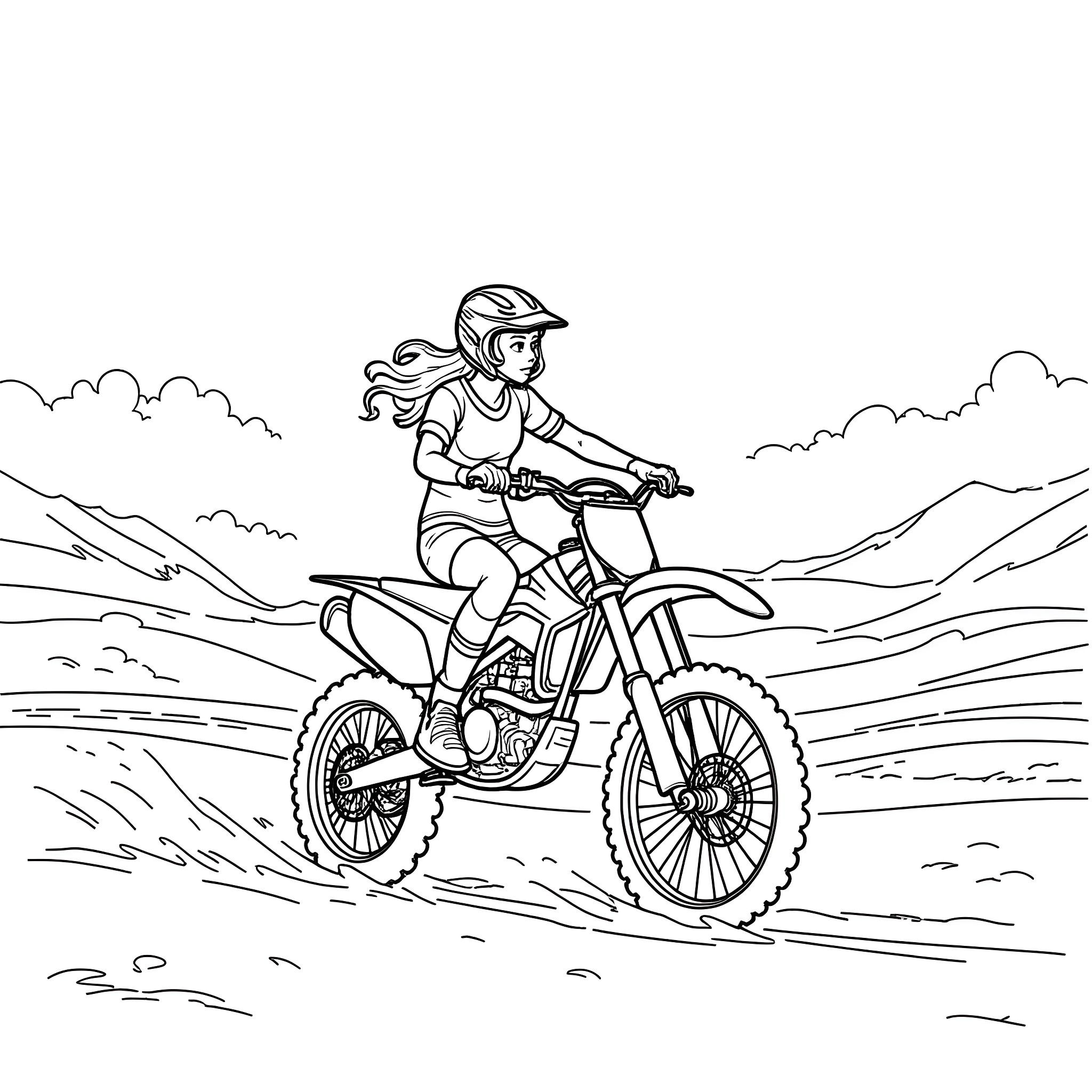 Taylor Swift riding a motocross bike in the countryside Coloring Page (free black-and-white line drawing printable PDF for all, from beginners to advanced learners, including children, teens, adults, and seniors)