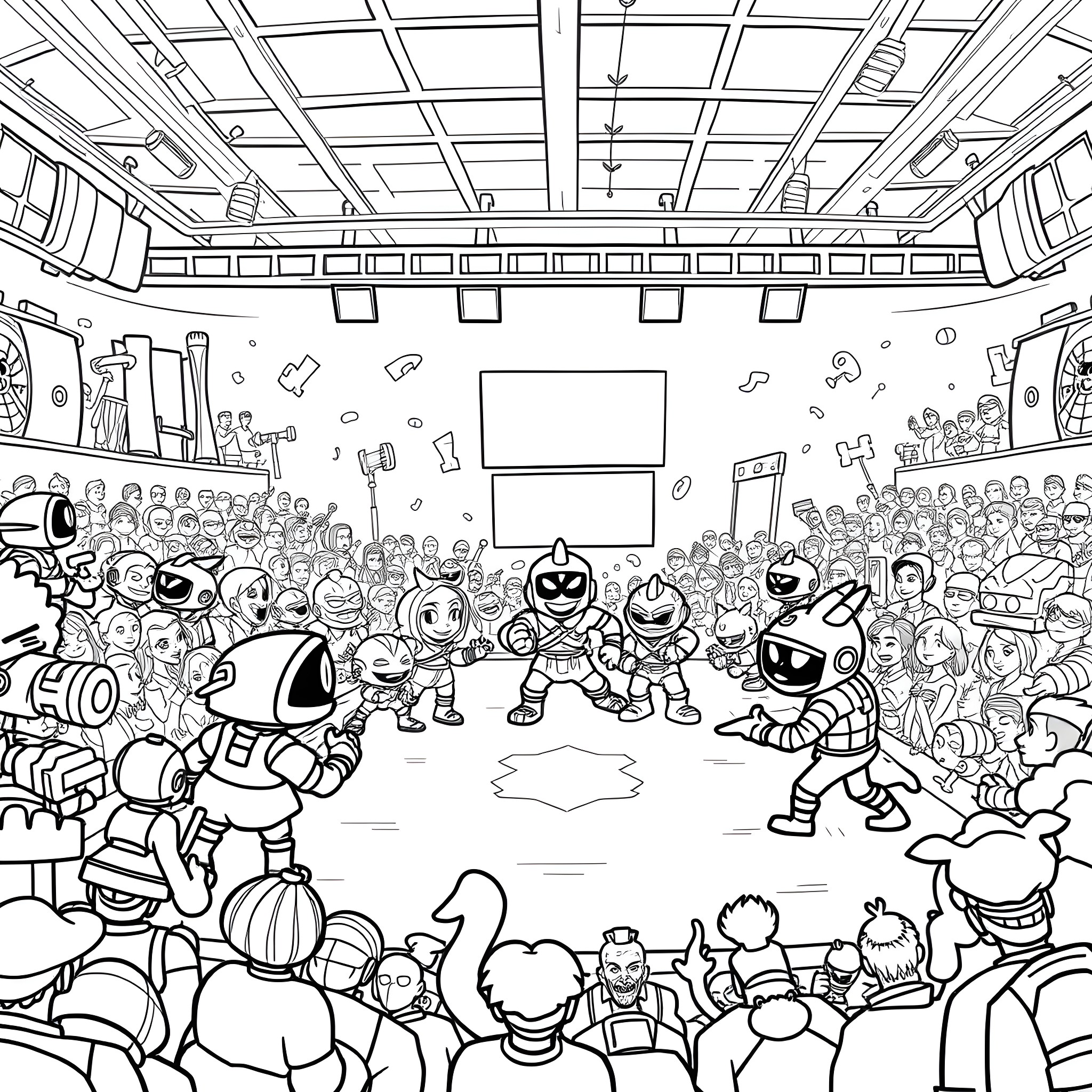 Brawl Stars: Chaotic Arena Battle Coloring Page (free black-and-white line drawing printable PDF for all, from beginners to advanced learners, including children, teens, adults, and seniors)