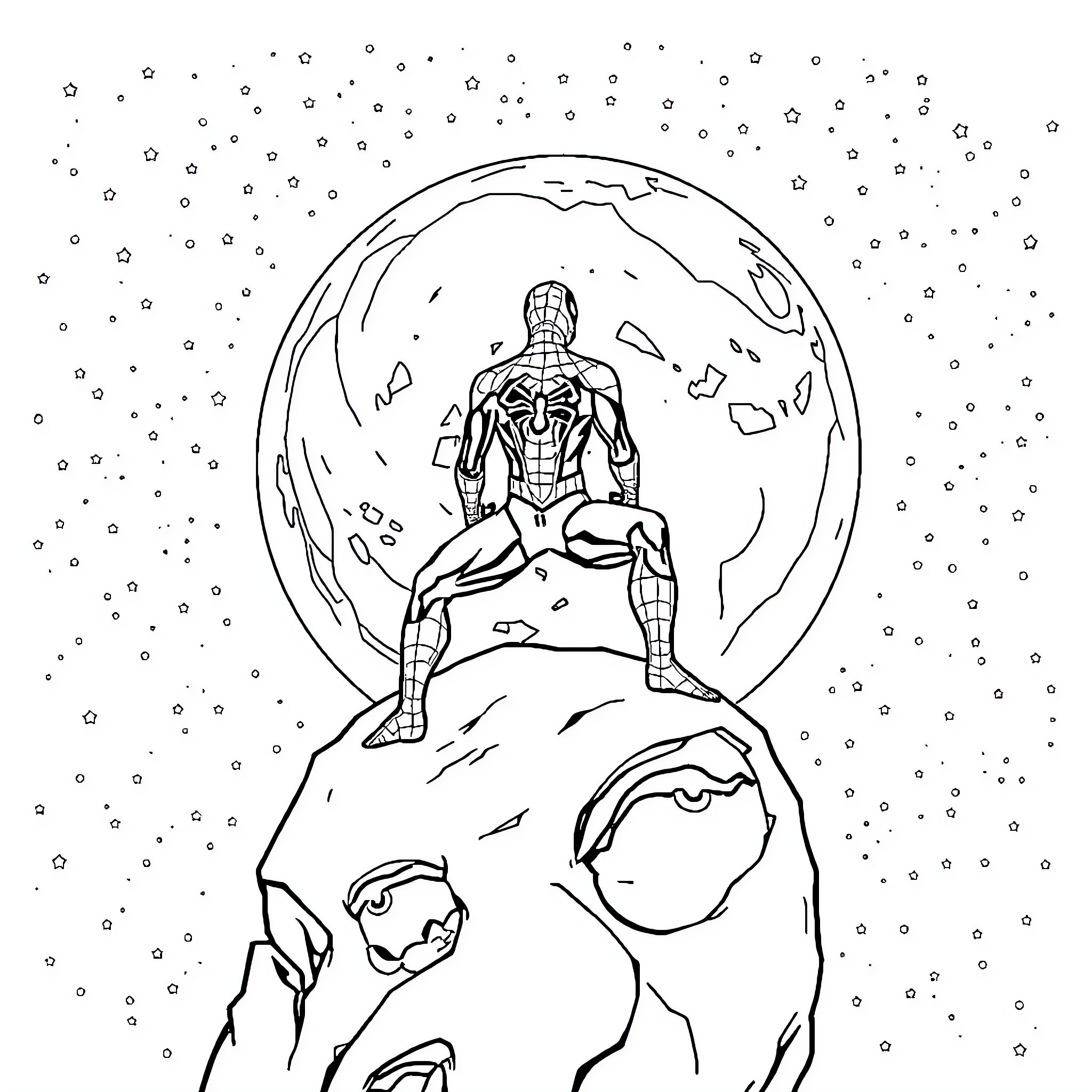 Spiderman overlooking the cosmic landscape Coloring Page (free black-and-white line drawing printable PDF for all, from beginners to advanced learners, including children, teens, adults, and seniors)