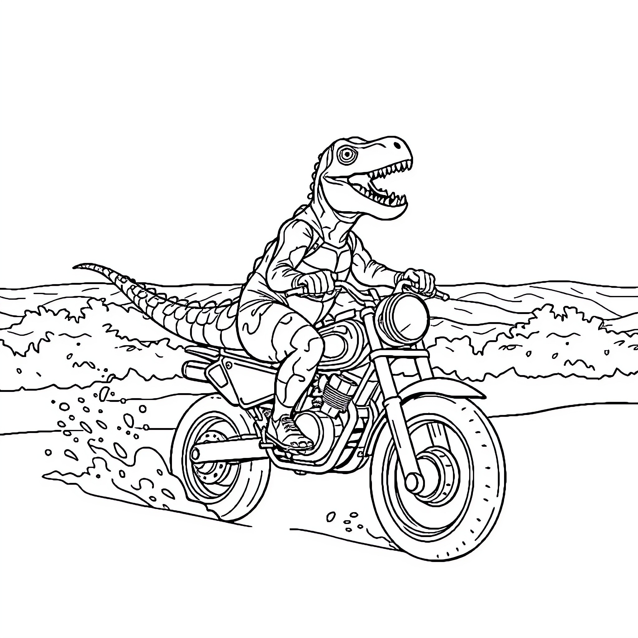 Dinosaur riding a motorcycle through the wilderness Coloring Page (free black-and-white line drawing printable PDF for all, from beginners to advanced learners, including children, teens, adults, and seniors)