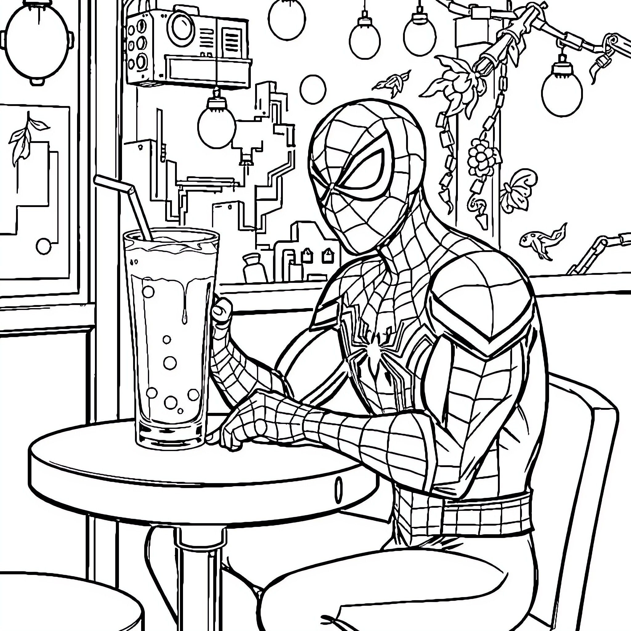 Spiderman resting in a cozy city diner Coloring Page (free black-and-white line drawing printable PDF for all, from beginners to advanced learners, including children, teens, adults, and seniors)