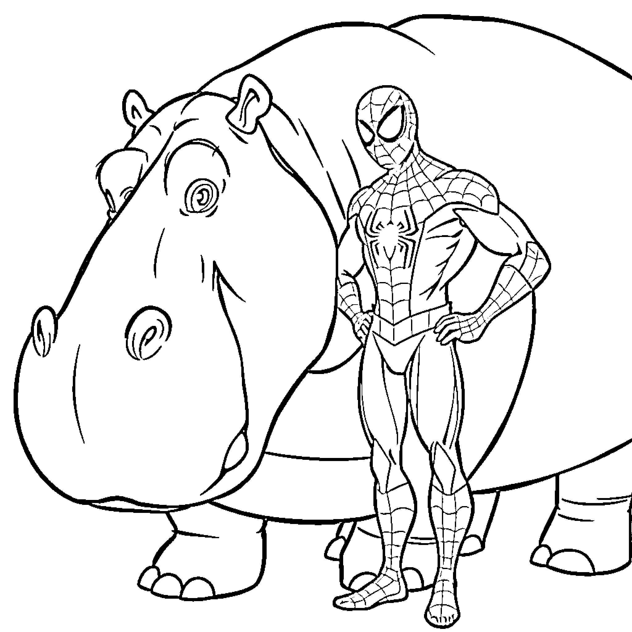 Hippo and Superhero Stand Together Coloring Page (free black-and-white line drawing printable PDF for all, from beginners to advanced learners, including children, teens, adults, and seniors)