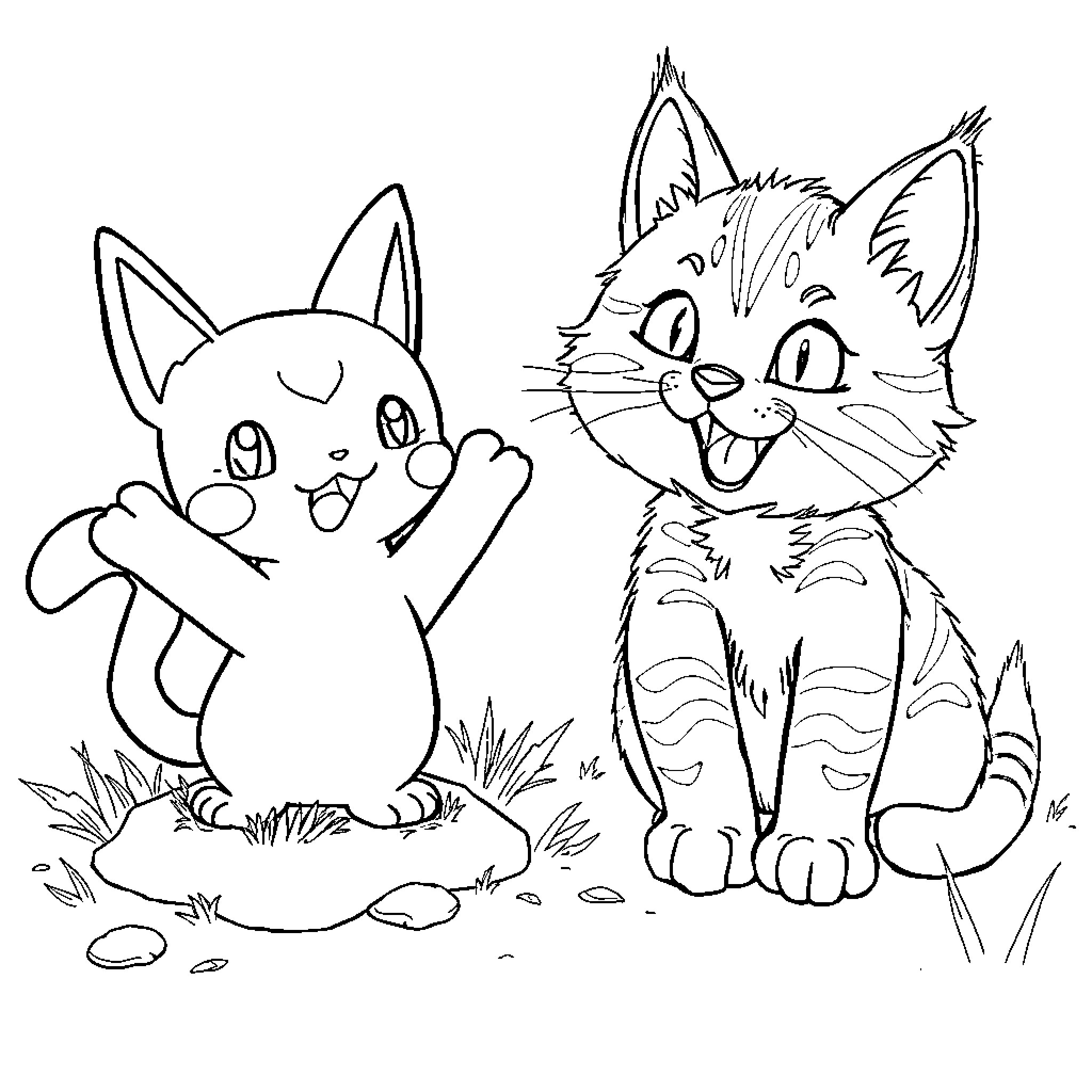 Diglet's Playful Encounter with a Curious Kitten Coloring Page (free black-and-white line drawing printable PDF for all, from beginners to advanced learners, including children, teens, adults, and seniors)