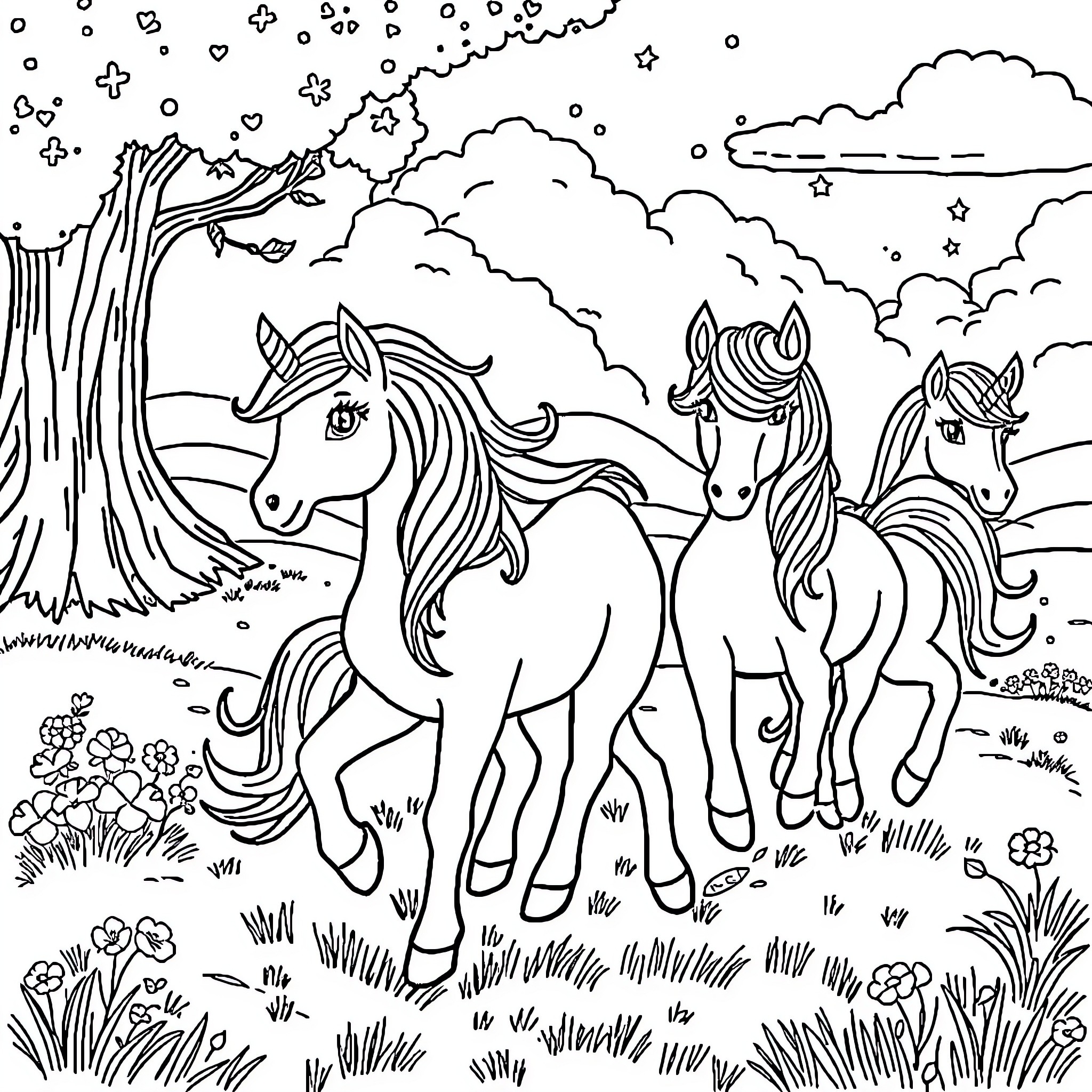 Pony friends exploring the enchanted forest Coloring Page (free black-and-white line drawing printable PDF for all, from beginners to advanced learners, including children, teens, adults, and seniors)