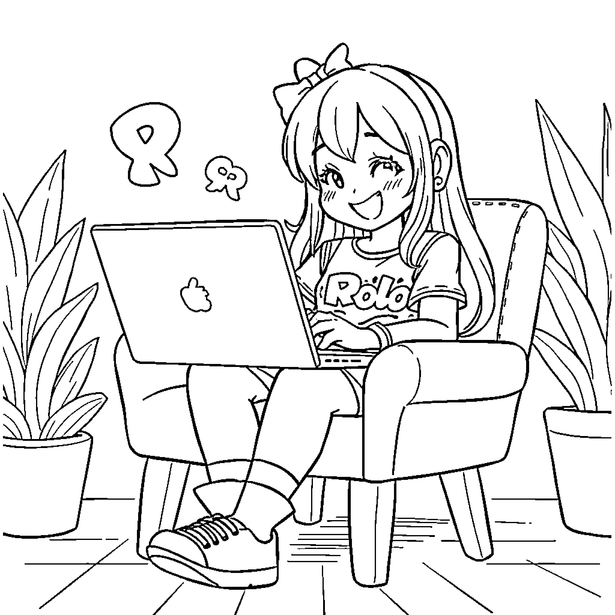 Kuromi Enjoying a Laptop in a Cozy Room Coloring Page (free black-and-white line drawing printable PDF for all, from beginners to advanced learners, including children, teens, adults, and seniors)
