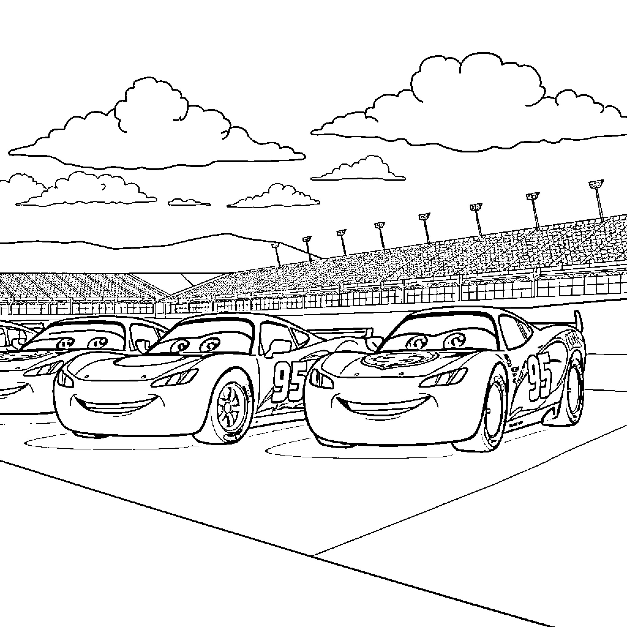 Car racing at the stadium with clouds Coloring Page (free black-and-white line drawing printable PDF for all, from beginners to advanced learners, including children, teens, adults, and seniors)