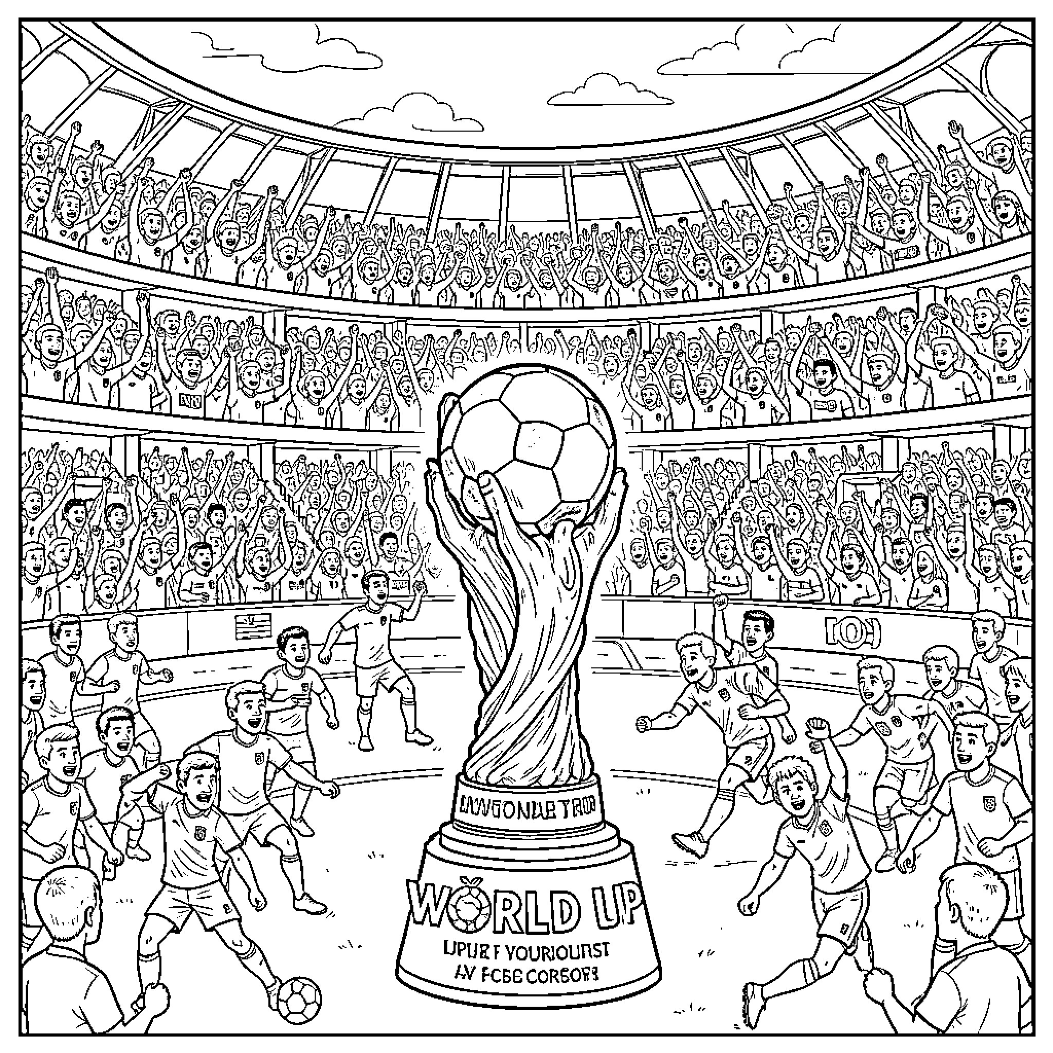World Cup players celebrating with the trophy in a stadium Coloring Page (free black-and-white line drawing printable PDF for all, from beginners to advanced learners, including children, teens, adults, and seniors)