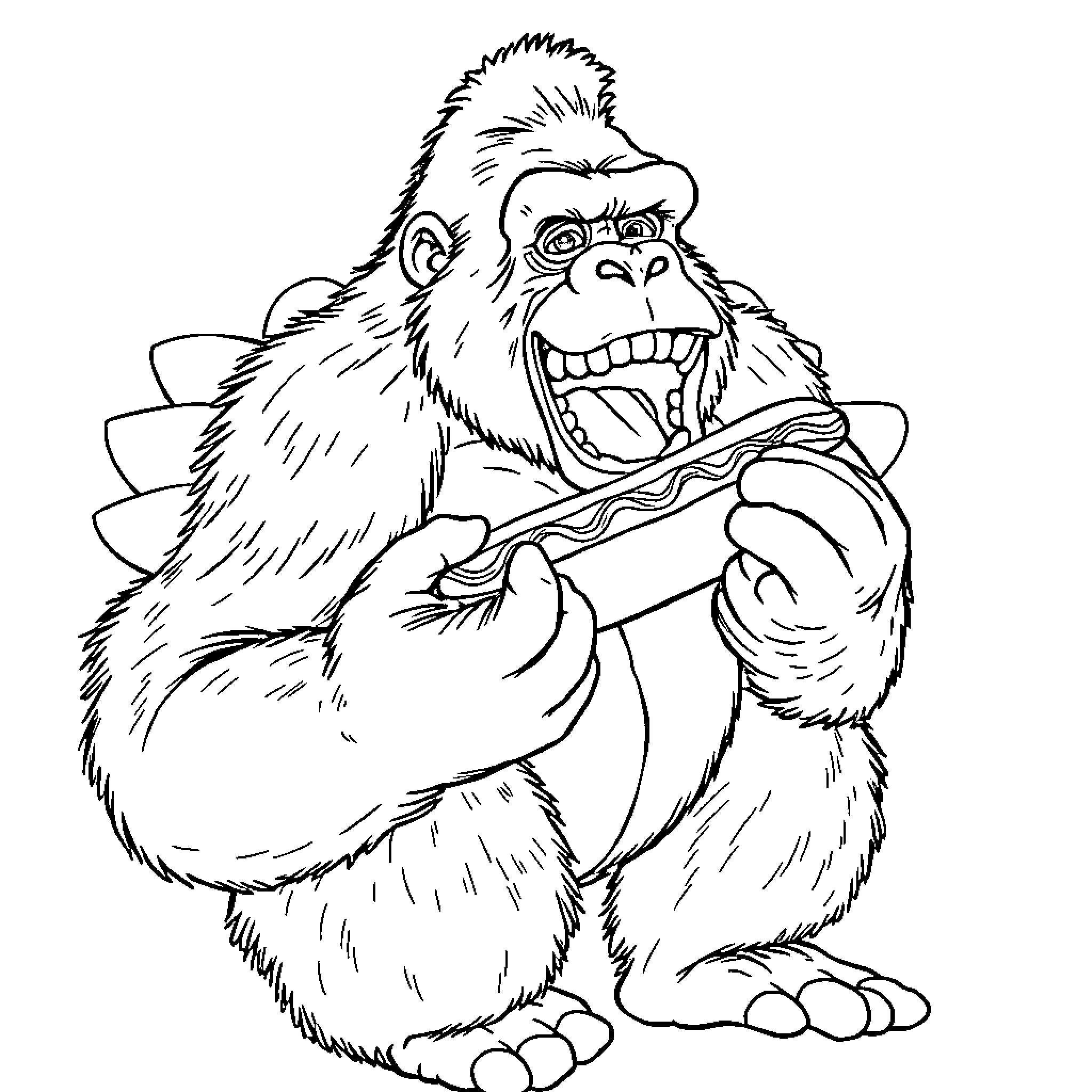 King Kong roaring with fierce expression Coloring Page (free black-and-white line drawing printable PDF for all, from beginners to advanced learners, including children, teens, adults, and seniors)
