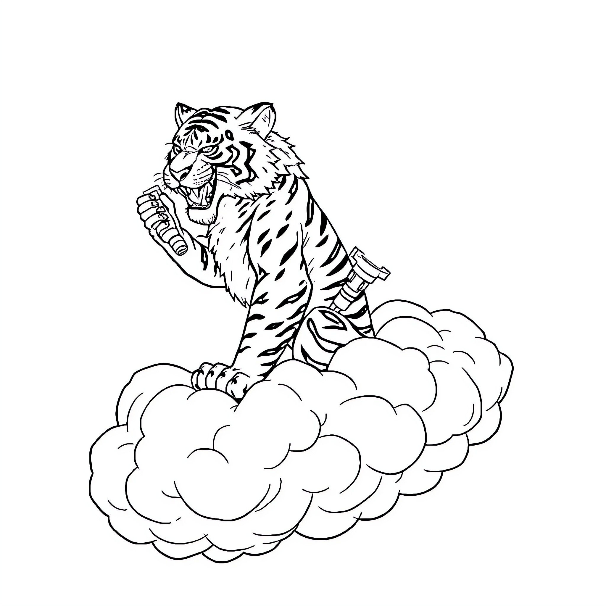 Tiger leaping through clouds Coloring Page (free black-and-white line drawing printable PDF for all, from beginners to advanced learners, including children, teens, adults, and seniors)