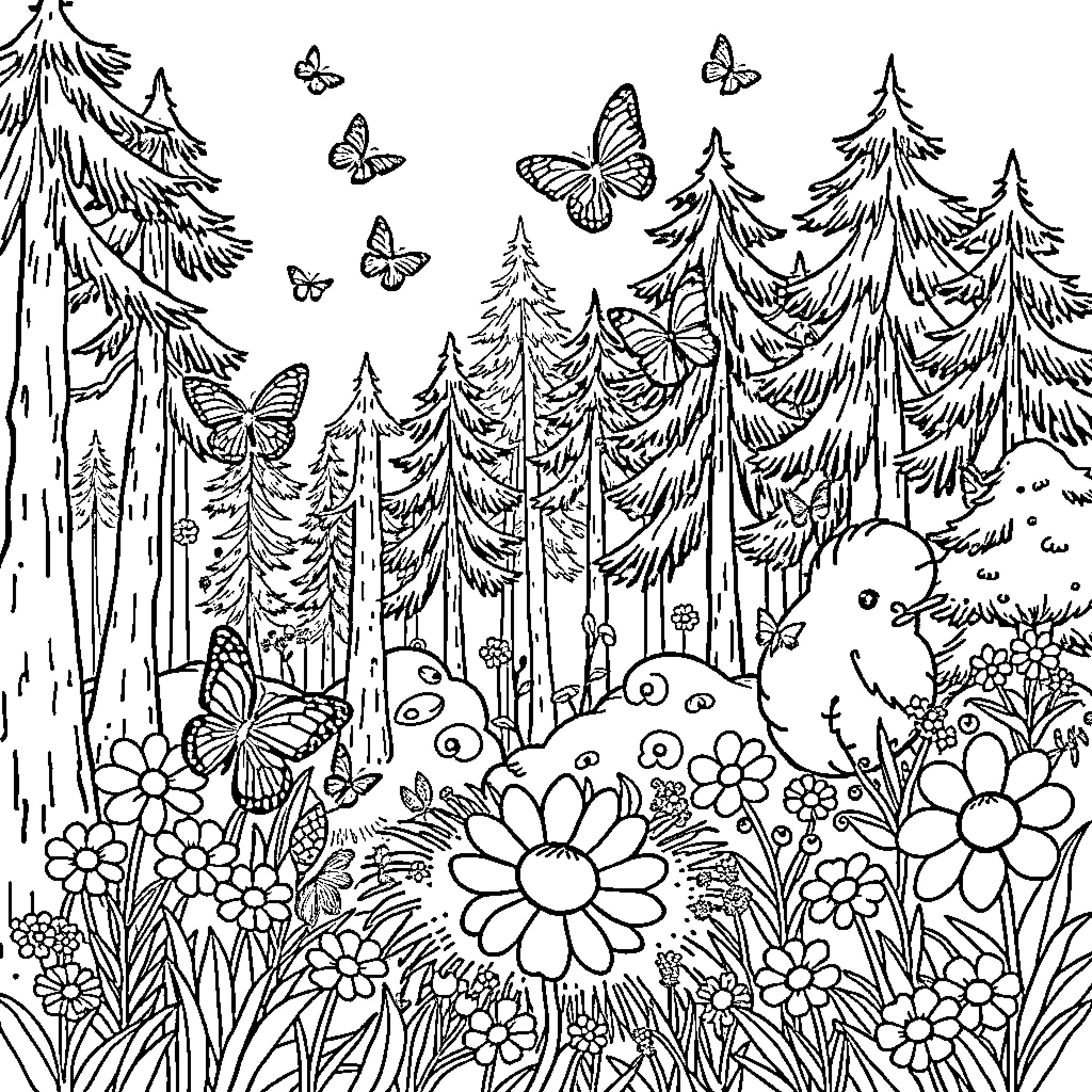 Flower-filled forest with butterflies in motion Coloring Page (free black-and-white line drawing printable PDF for all, from beginners to advanced learners, including children, teens, adults, and seniors)