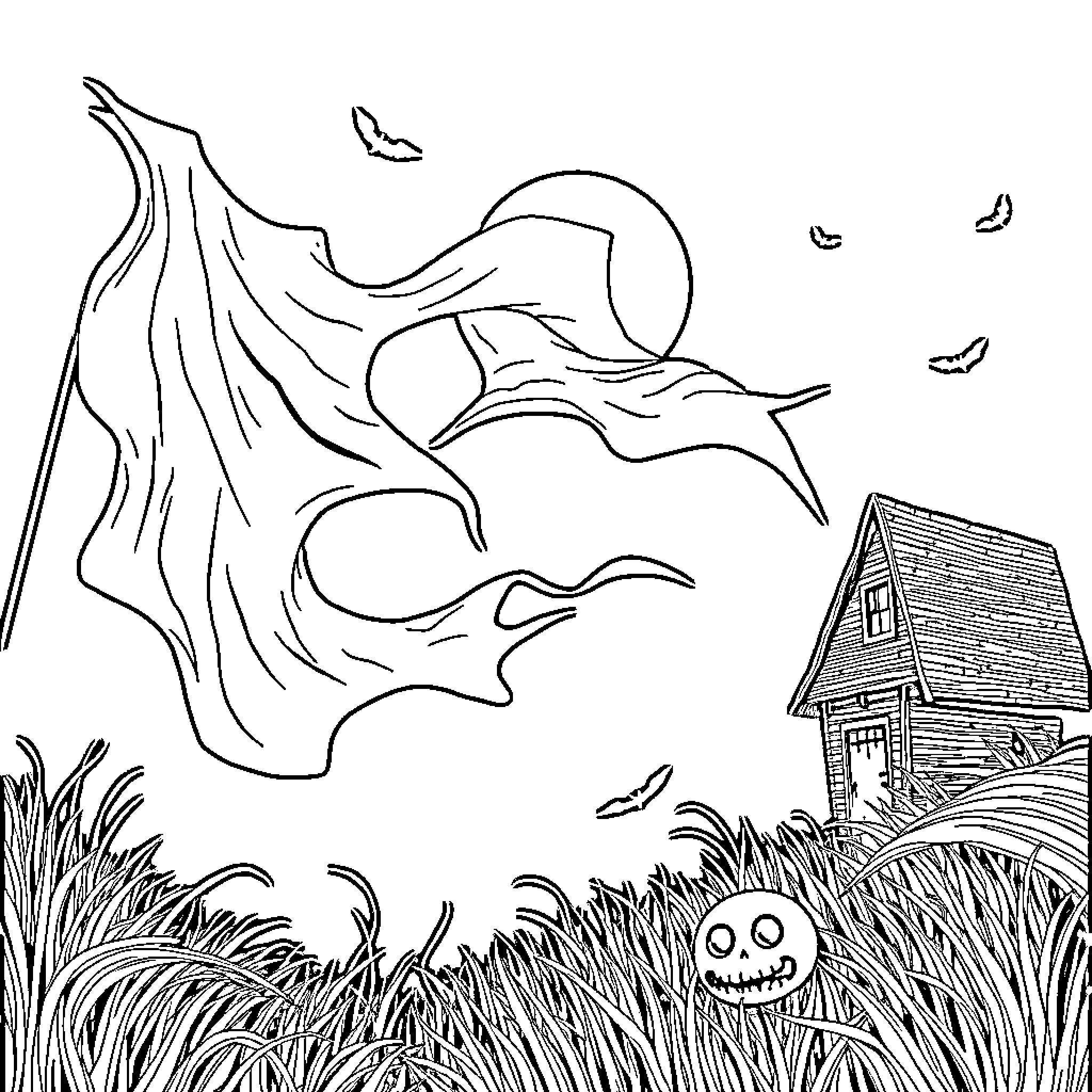 Sheet of Spooky Halloween Scenery Coloring Page (free black-and-white line drawing printable PDF for all, from beginners to advanced learners, including children, teens, adults, and seniors)