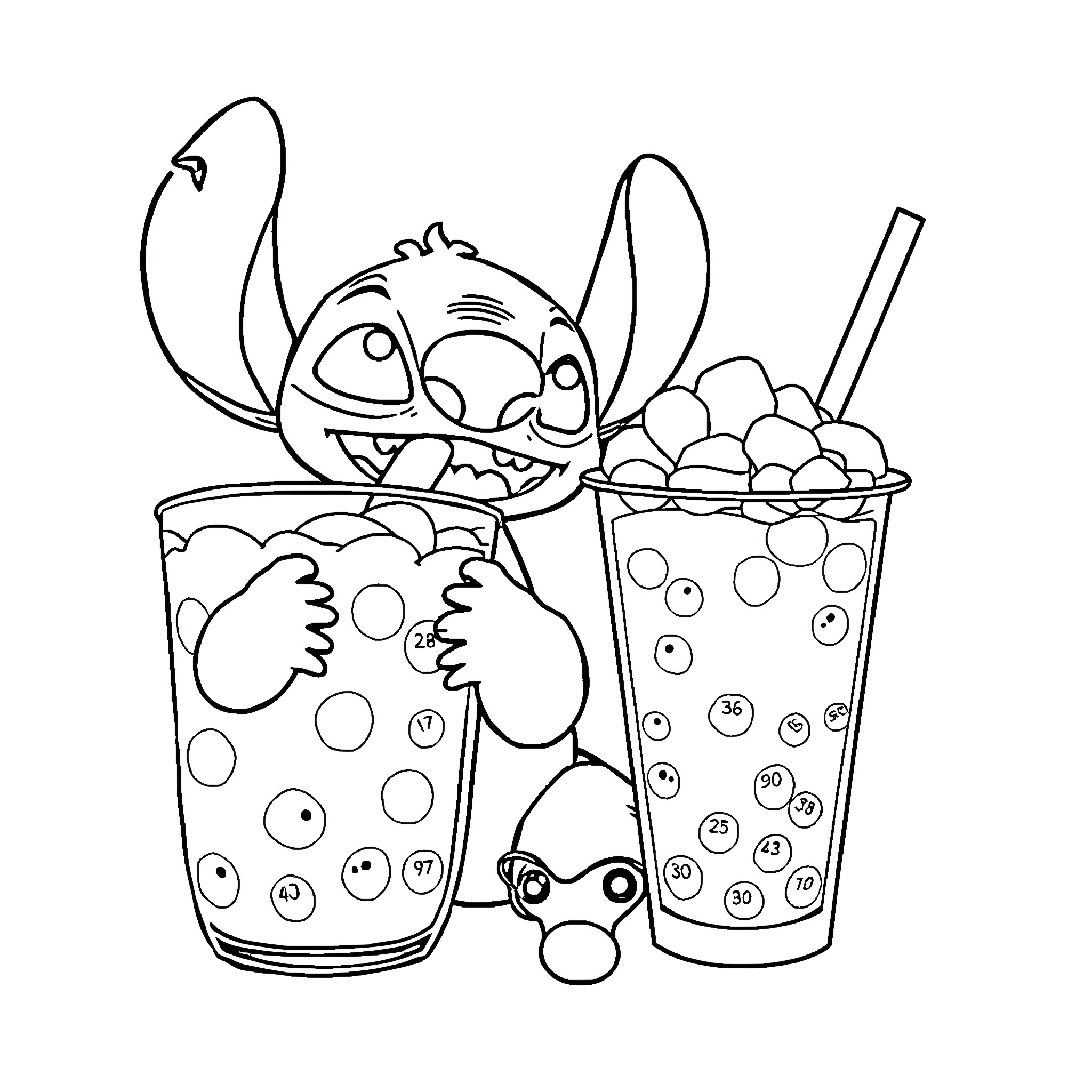 Stitch enjoying bubbly drinks with friends Coloring Page (free black-and-white line drawing printable PDF for all, from beginners to advanced learners, including children, teens, adults, and seniors)