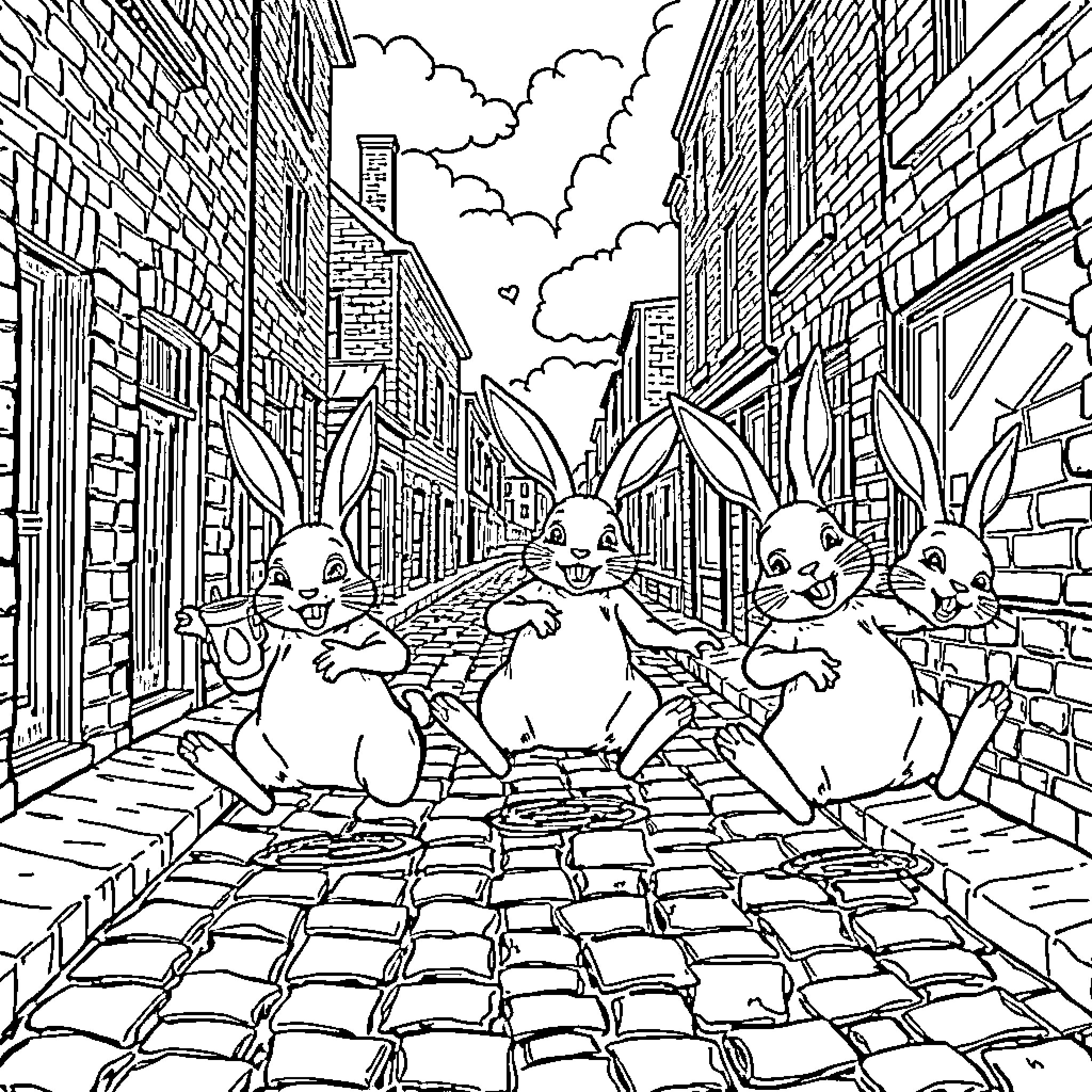 Rabbit Companions Exploring City Streets Coloring Page (free black-and-white line drawing printable PDF for all, from beginners to advanced learners, including children, teens, adults, and seniors)