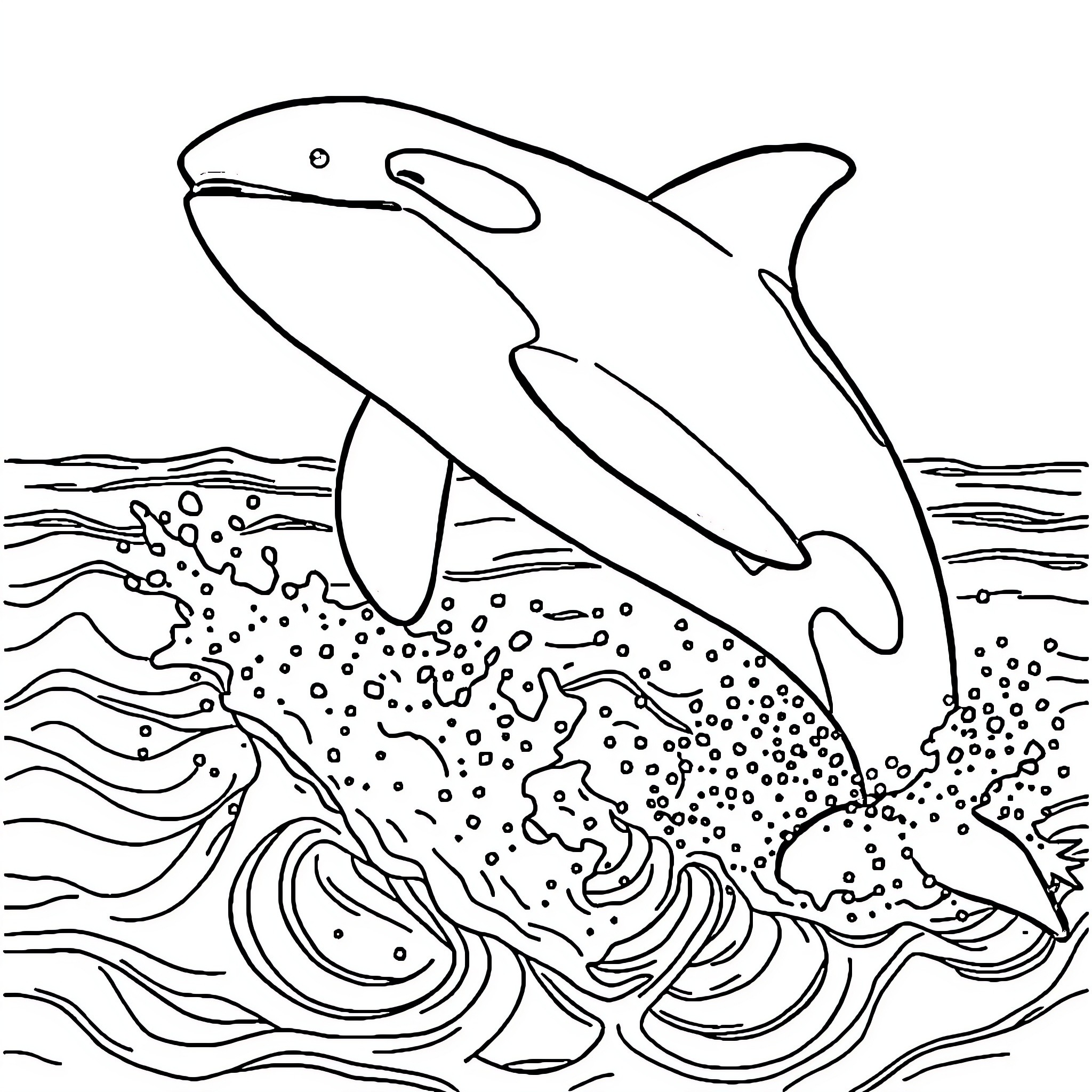 Orca Leaping Through Crashing Waves Coloring Page (free black-and-white line drawing printable PDF for all, from beginners to advanced learners, including children, teens, adults, and seniors)