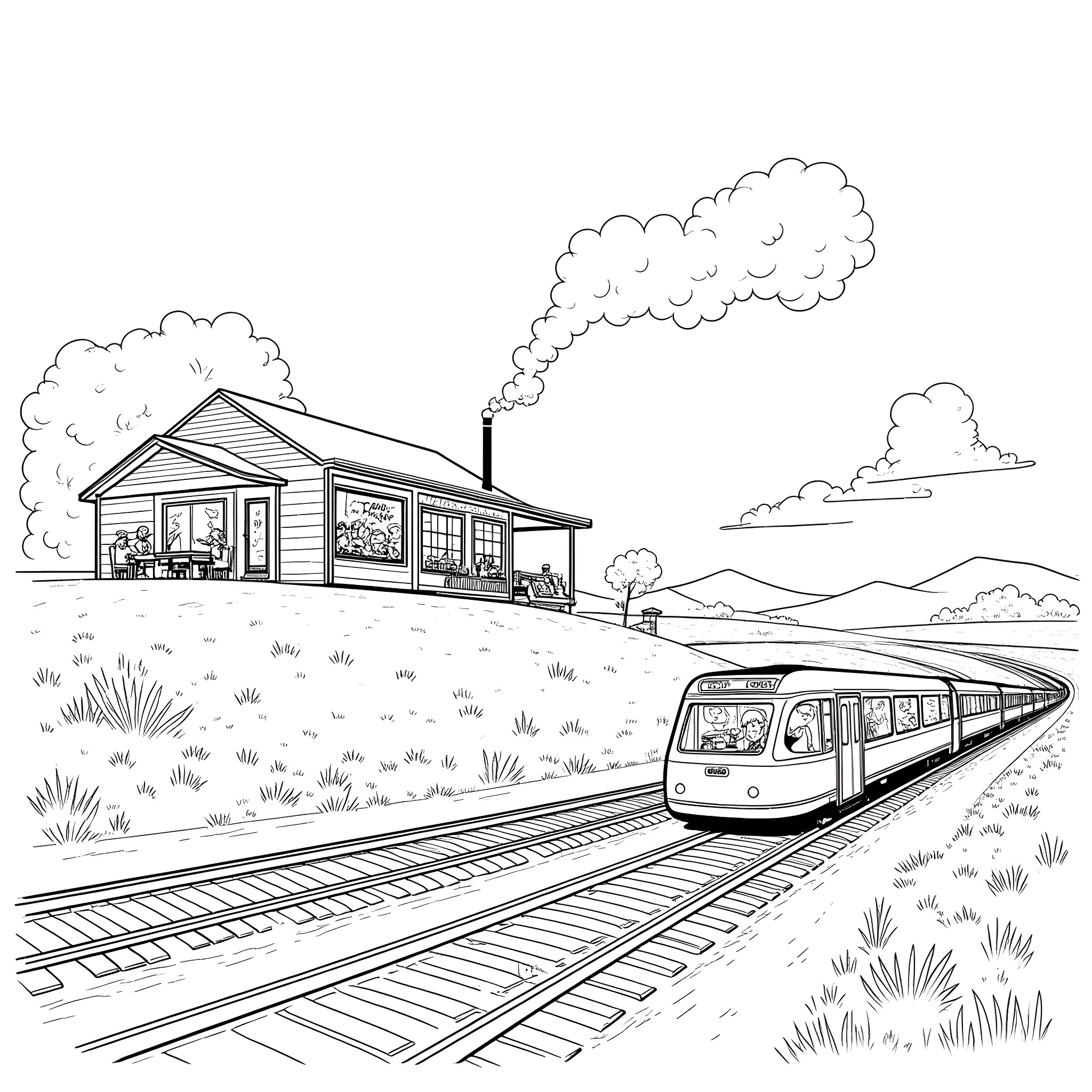 Barbie's adventure with a high-speed train Coloring Page (free black-and-white line drawing printable PDF for all, from beginners to advanced learners, including children, teens, adults, and seniors)