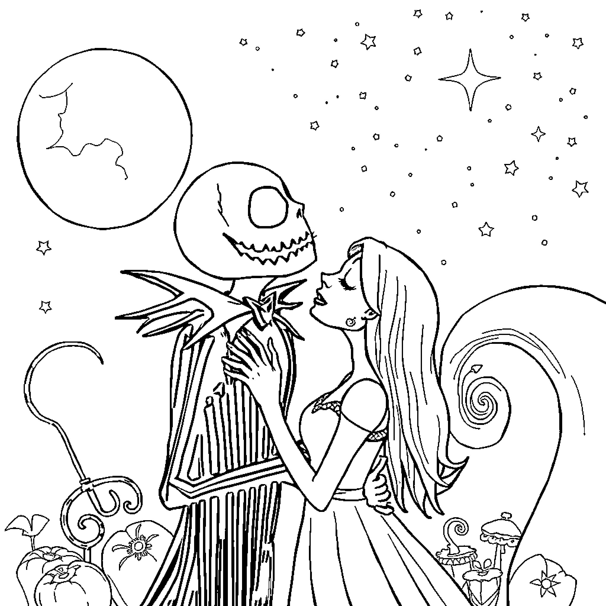 Pumpkin King and Princess in Magical Embrace Coloring Page (free black-and-white line drawing printable PDF for all, from beginners to advanced learners, including children, teens, adults, and seniors)