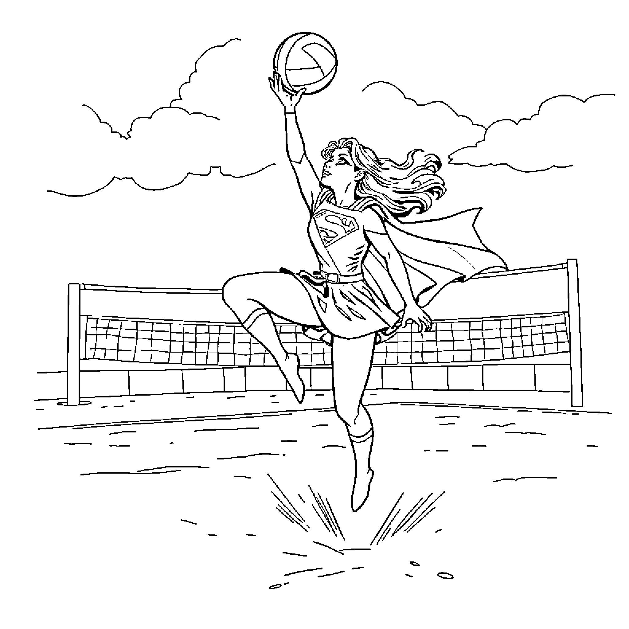 Girl playing volleyball in the park Coloring Page (free black-and-white line drawing printable PDF for all, from beginners to advanced learners, including children, teens, adults, and seniors)