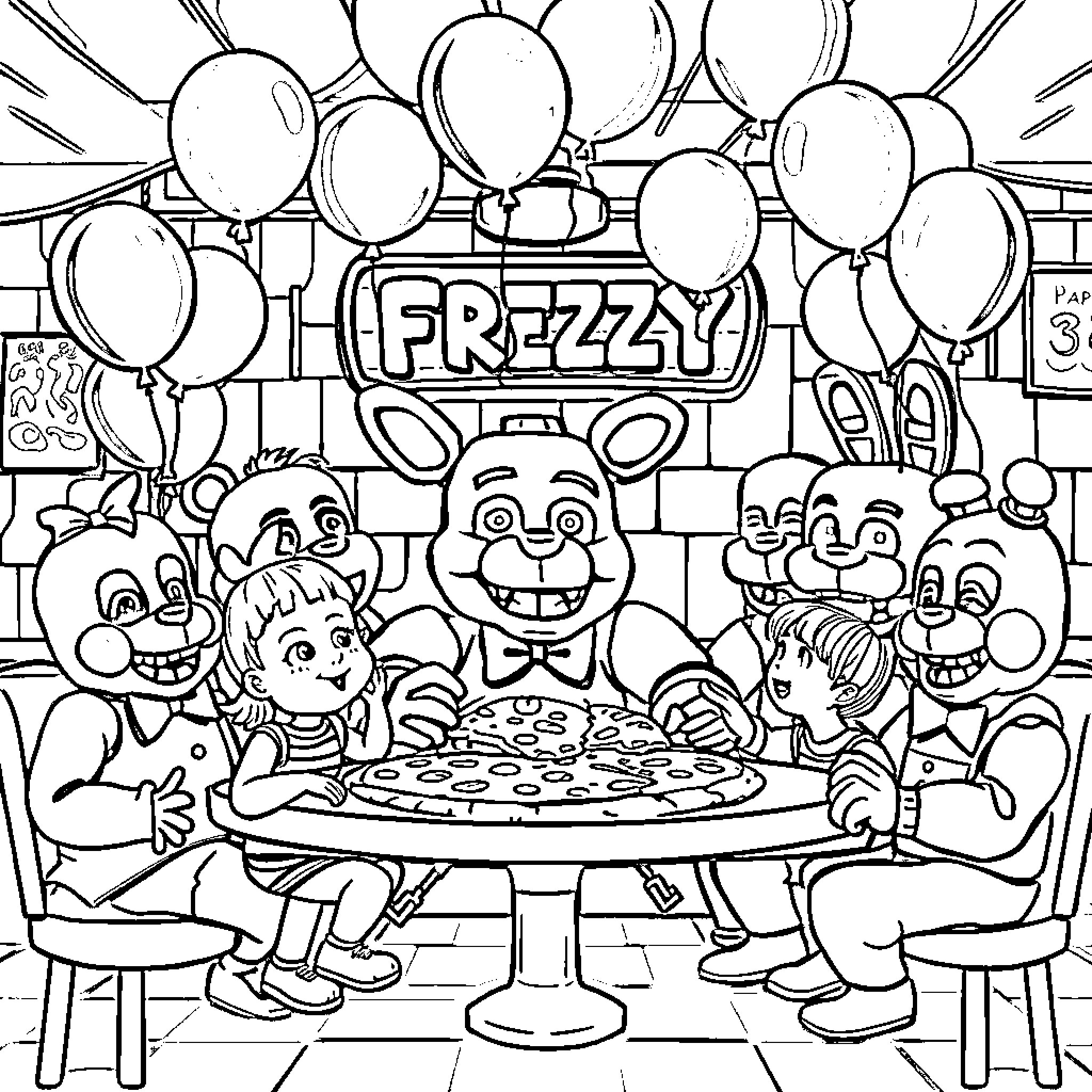 Freddy's Lively Birthday Party with Friends Coloring Page (free black-and-white line drawing printable PDF for all, from beginners to advanced learners, including children, teens, adults, and seniors)