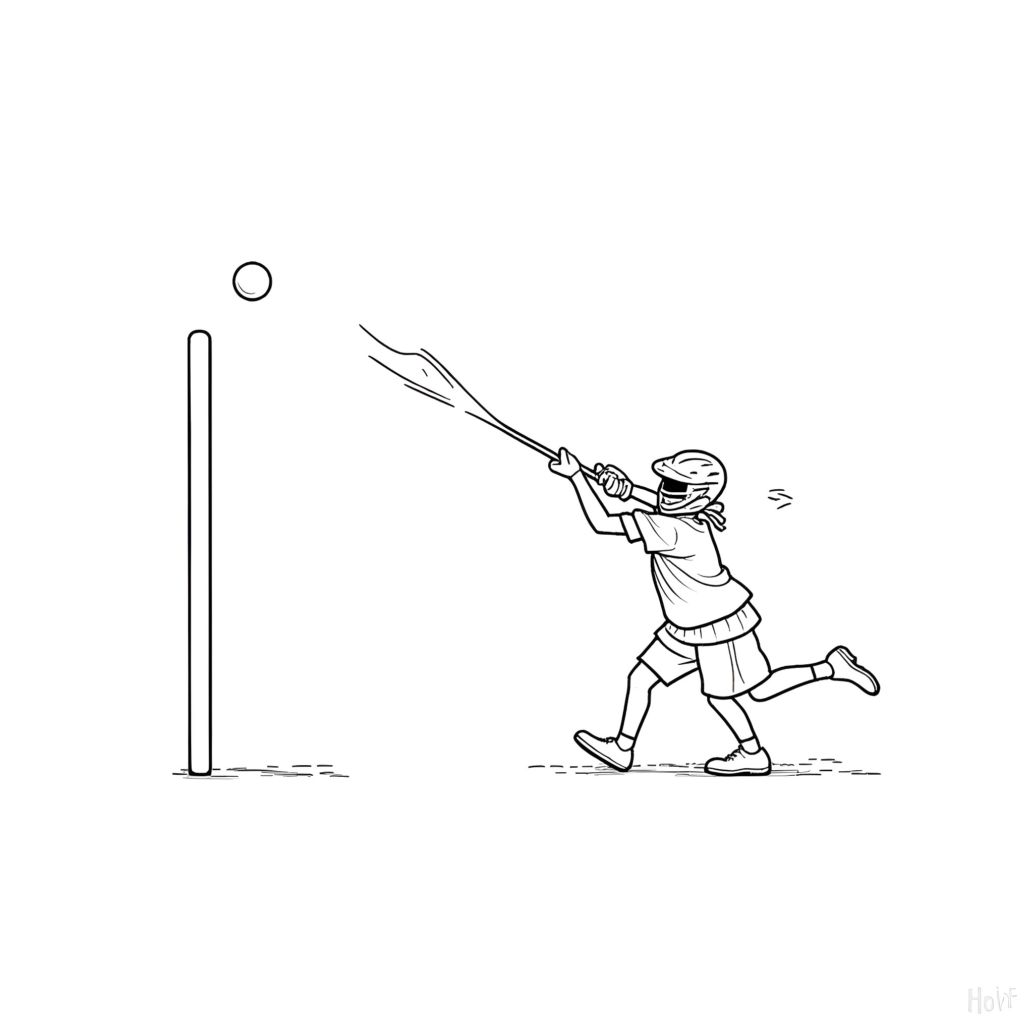 Lacrosse Player Wielding Stick in Motion Coloring Page (free black-and-white line drawing printable PDF for all, from beginners to advanced learners, including children, teens, adults, and seniors)