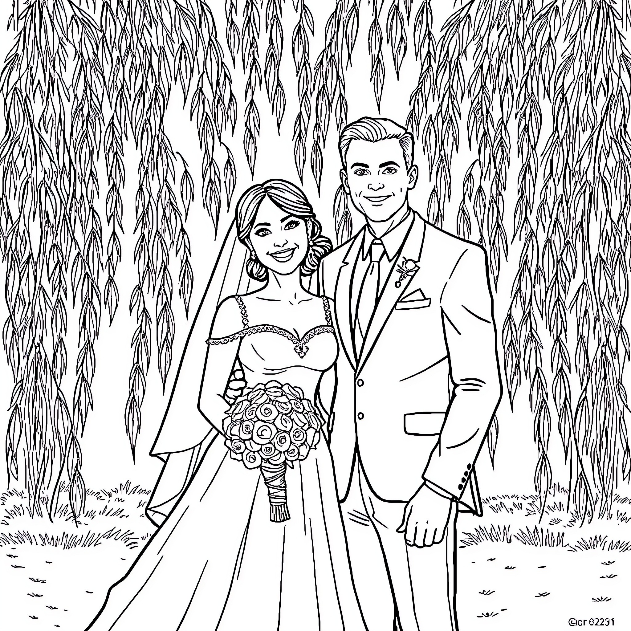 Bride and Groom Celebrate Marriage Under Willow Trees Coloring Page (free black-and-white line drawing printable PDF for all, from beginners to advanced learners, including children, teens, adults, and seniors)