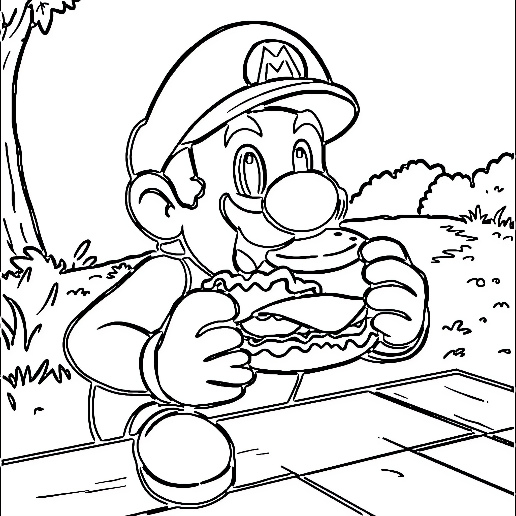 Mario Enjoying a Delicious Snack in the Outdoors Coloring Page (free black-and-white line drawing printable PDF for all, from beginners to advanced learners, including children, teens, adults, and seniors)