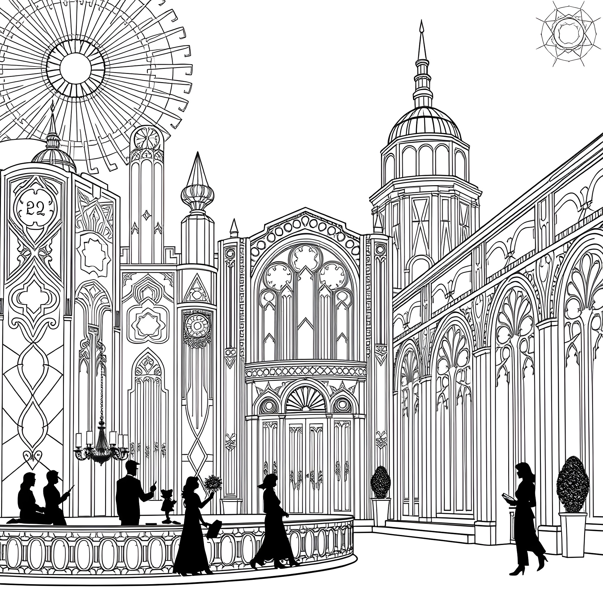 Art Deco Architectural Wonders in the City Coloring Page (free black-and-white line drawing printable PDF for all, from beginners to advanced learners, including children, teens, adults, and seniors)