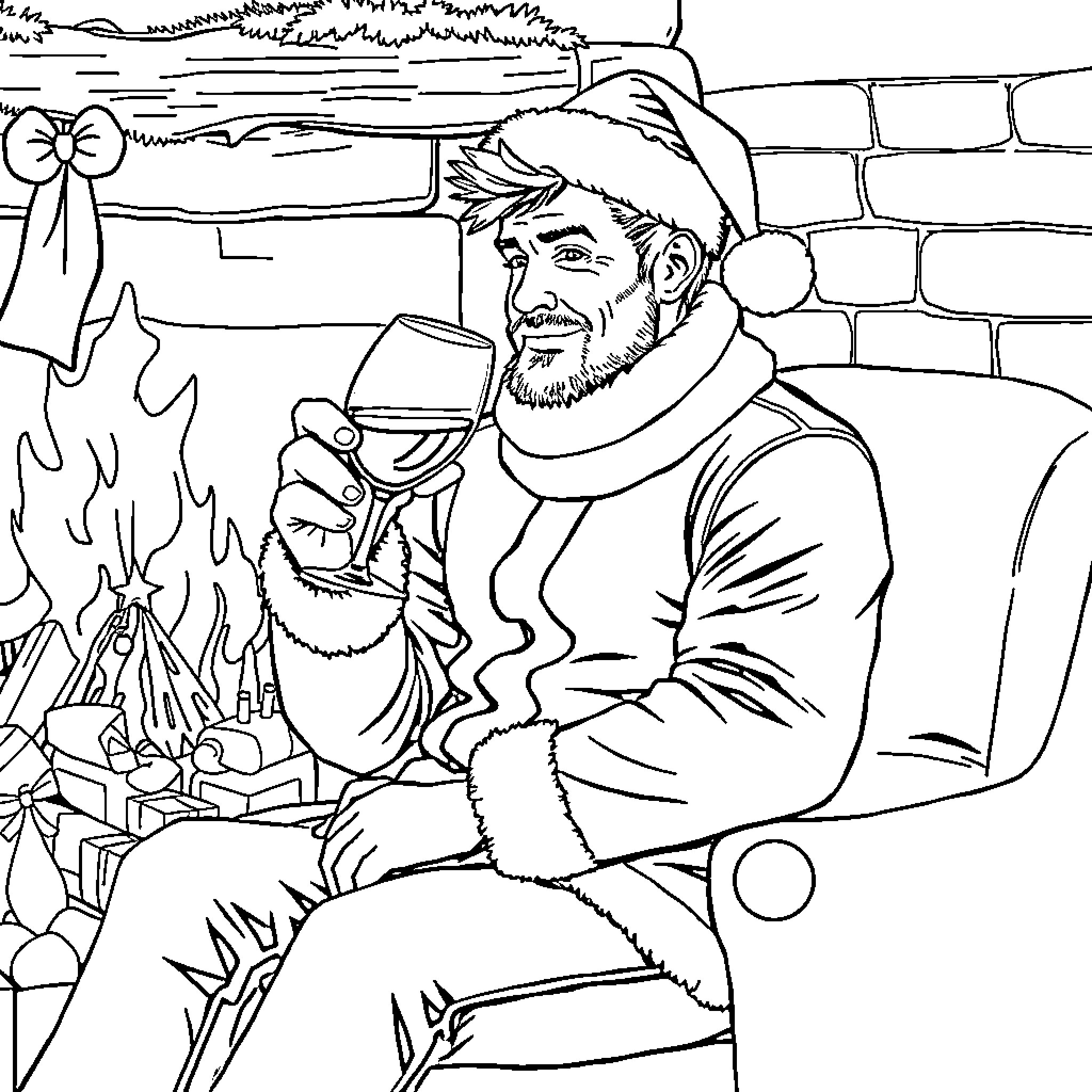 Man enjoying a drink by the fireplace Coloring Page (free black-and-white line drawing printable PDF for all, from beginners to advanced learners, including children, teens, adults, and seniors)