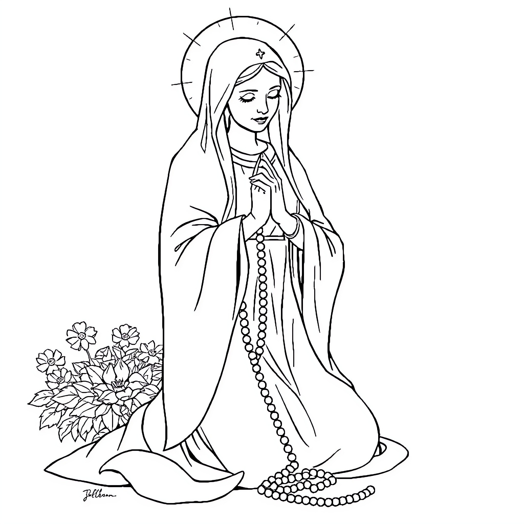 Mary praying with rosary beads Coloring Page (free black-and-white line drawing printable PDF for all, from beginners to advanced learners, including children, teens, adults, and seniors)