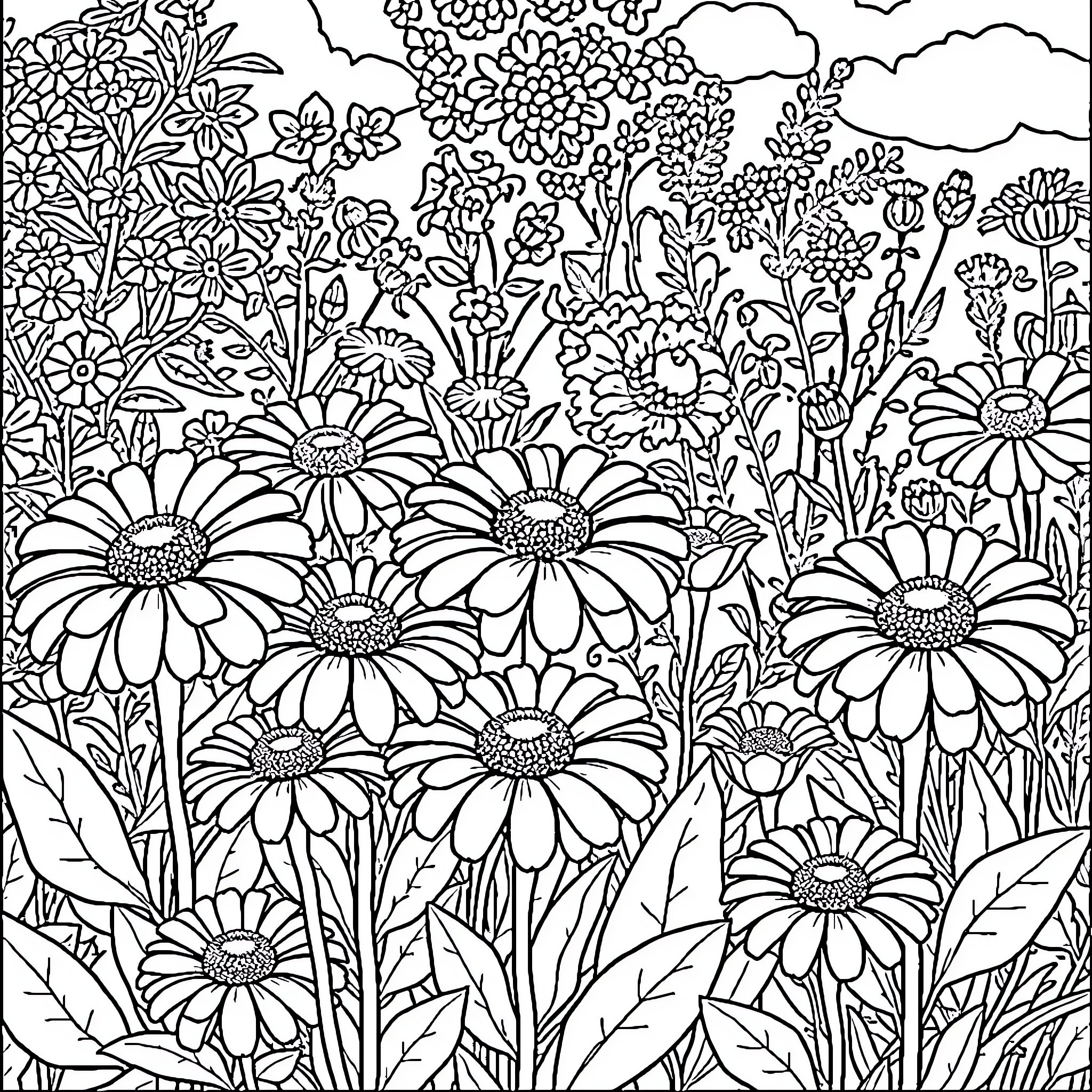 Zinnia field in bloom with intricate floral details Coloring Page (free black-and-white line drawing printable PDF for all, from beginners to advanced learners, including children, teens, adults, and seniors)