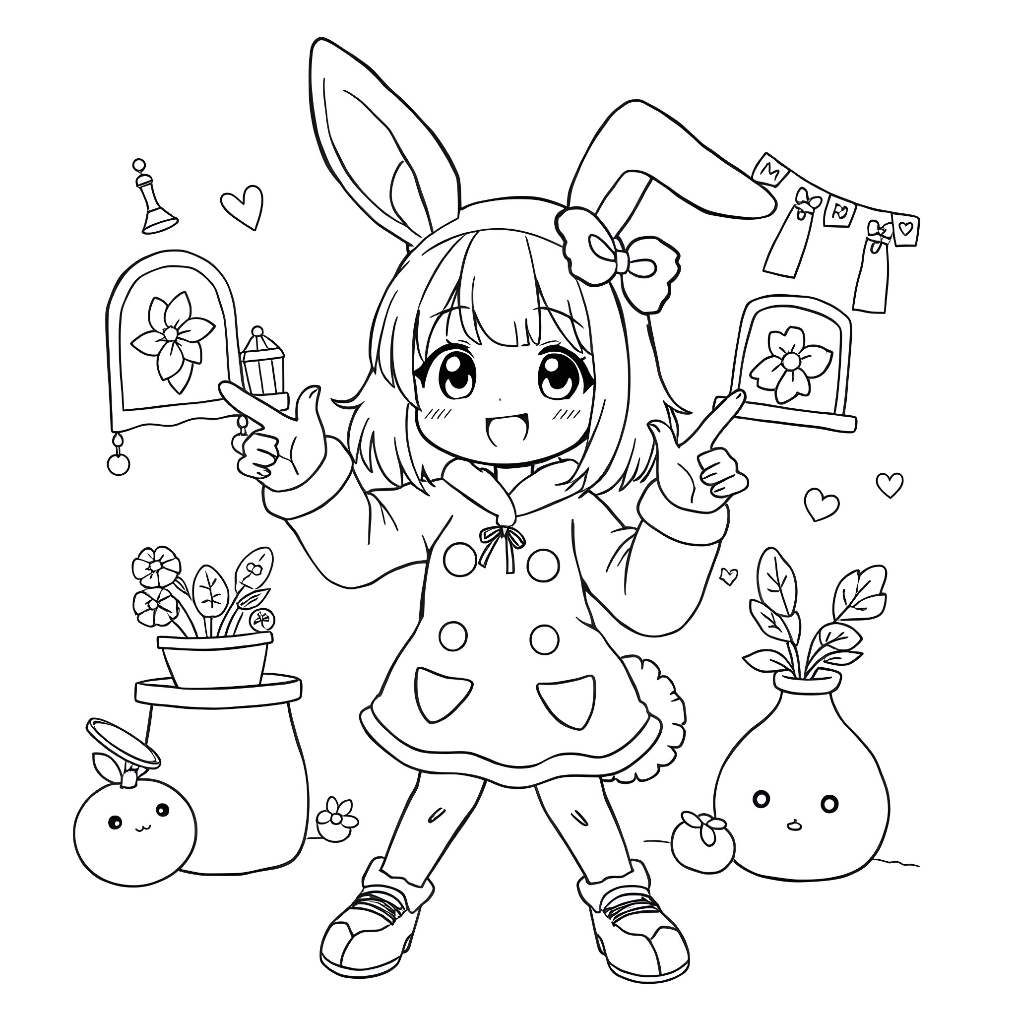 Anime Mom Cheerfully Decorating Her Home Coloring Page (free black-and-white line drawing printable PDF for all, from beginners to advanced learners, including children, teens, adults, and seniors)