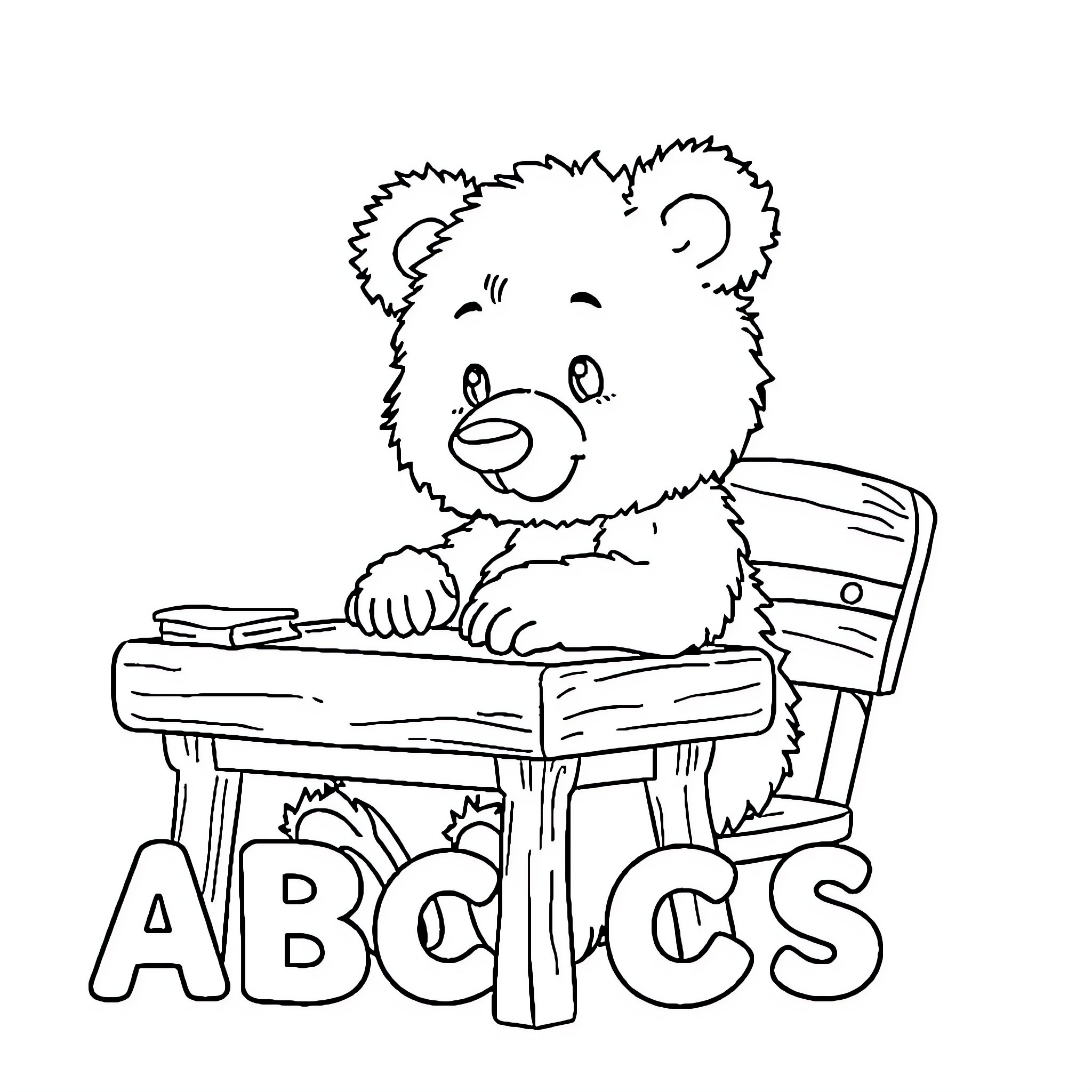Bear Learning ABCs at School Desk Coloring Page (free black-and-white line drawing printable PDF for all, from beginners to advanced learners, including children, teens, adults, and seniors)