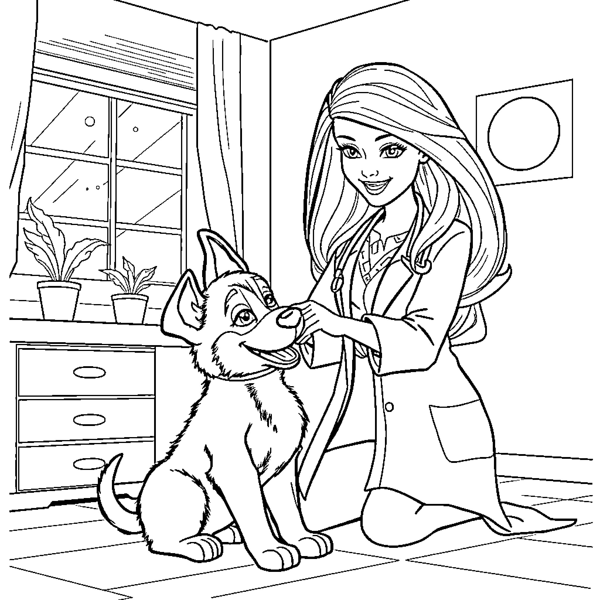 Barbie caring for her adorable puppy Coloring Page (free black-and-white line drawing printable PDF for all, from beginners to advanced learners, including children, teens, adults, and seniors)