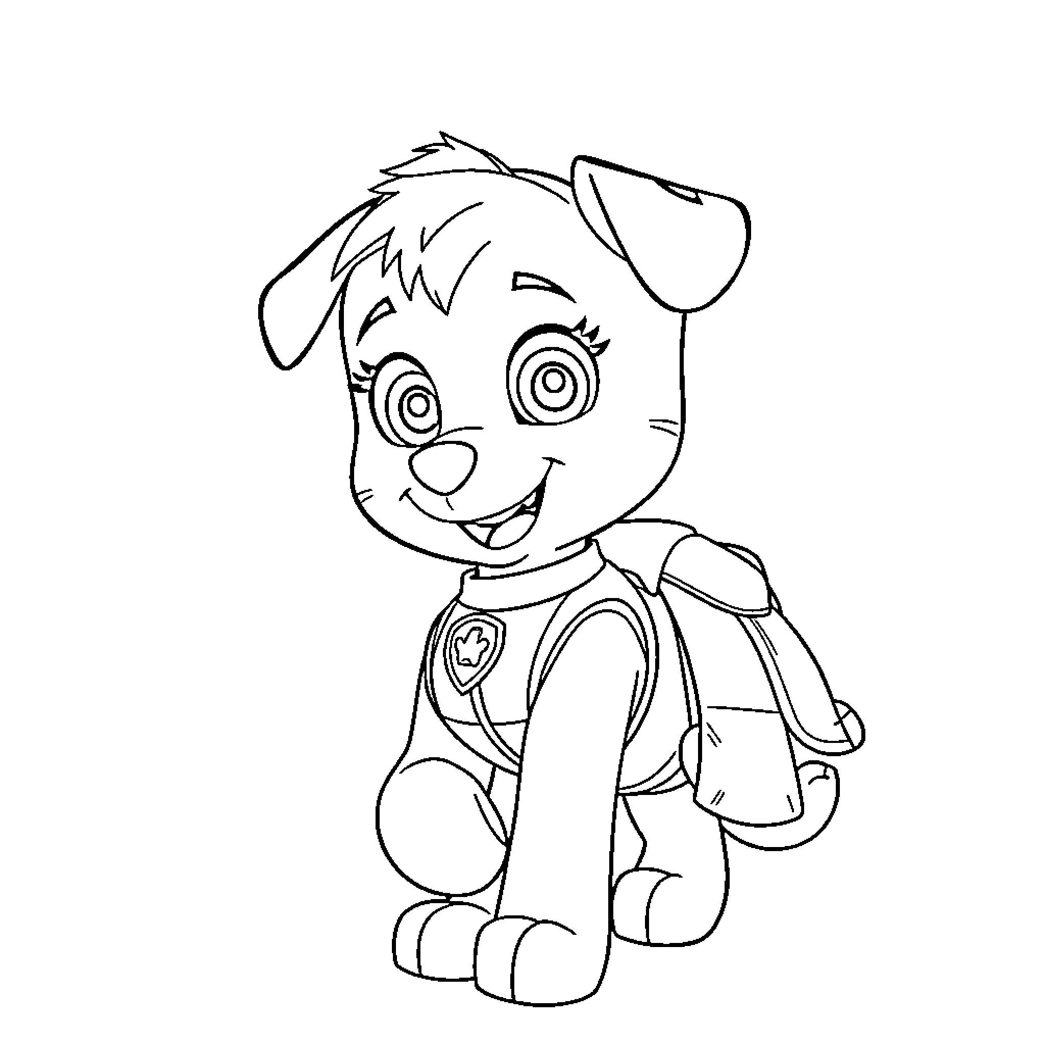 Skye the Pup on an Adventure Coloring Page (free black-and-white line drawing printable PDF for all, from beginners to advanced learners, including children, teens, adults, and seniors)