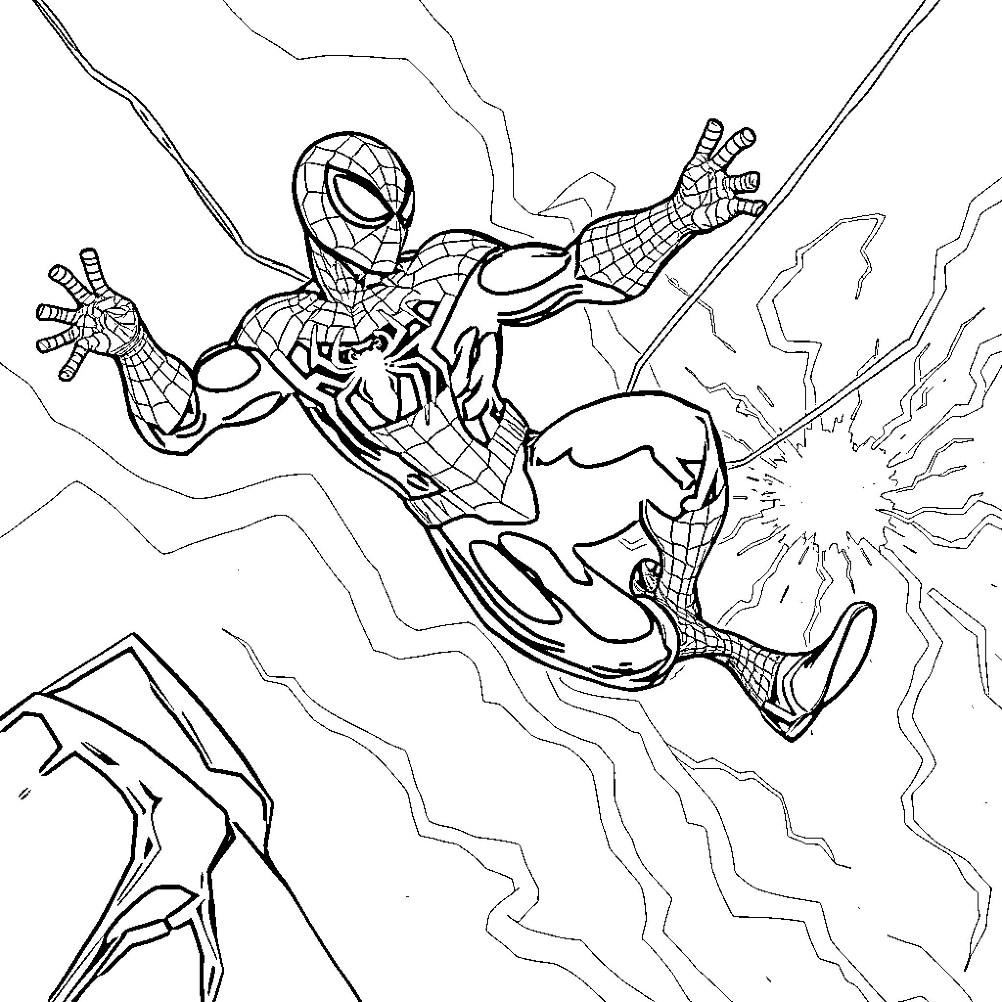 Spider-Man swinging into heroic action Coloring Page (free black-and-white line drawing printable PDF for all, from beginners to advanced learners, including children, teens, adults, and seniors)