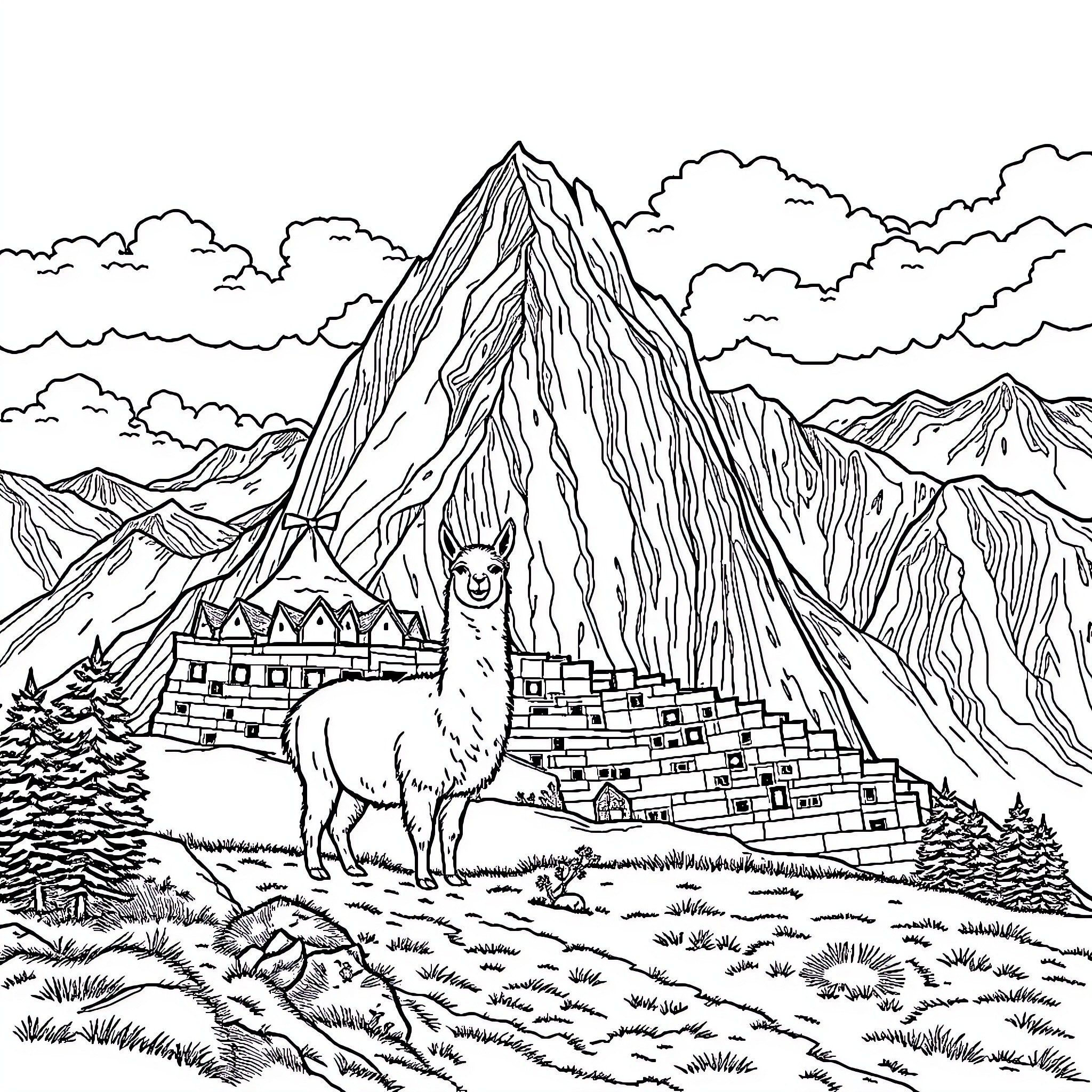 Alpaca standing amidst mountain landscape Coloring Page (free black-and-white line drawing printable PDF for all, from beginners to advanced learners, including children, teens, adults, and seniors)