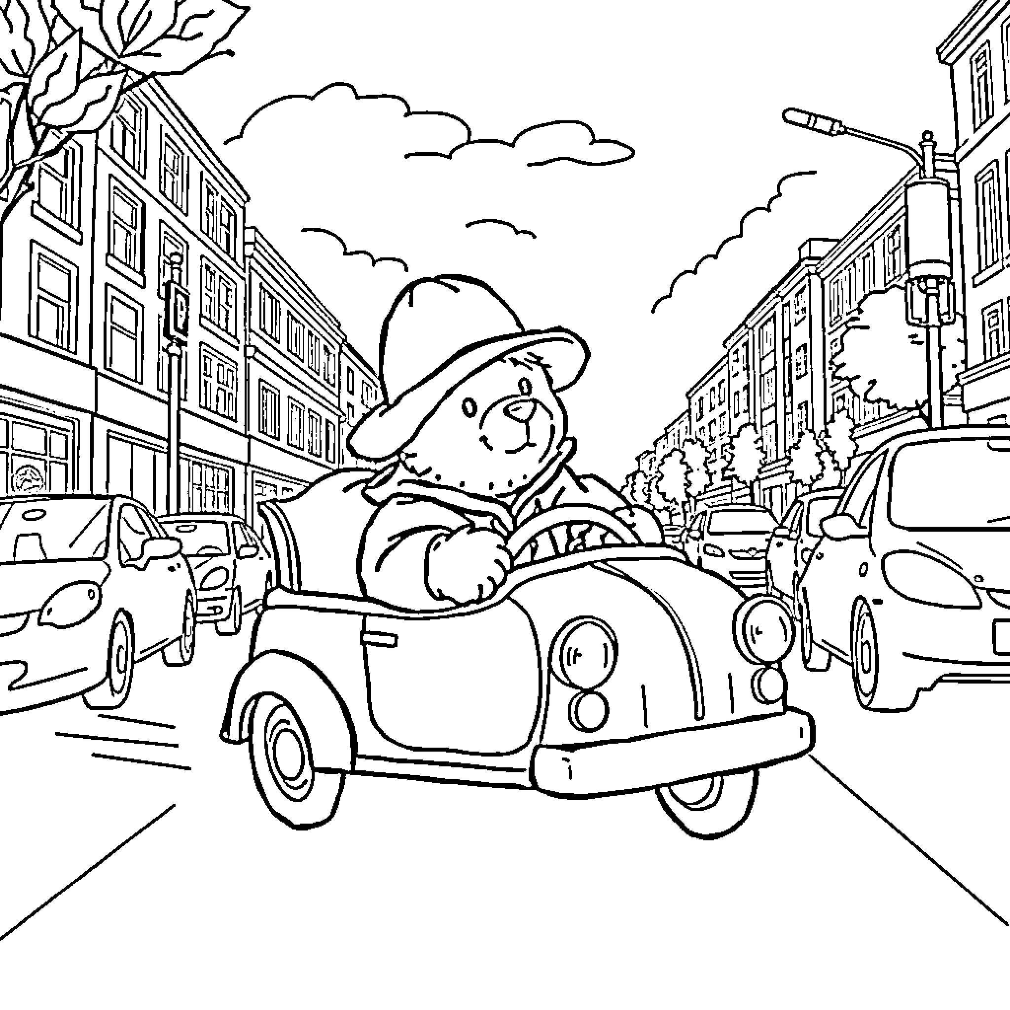 Paddington's Fun-Filled Ride Through the City Coloring Page (free black-and-white line drawing printable PDF for all, from beginners to advanced learners, including children, teens, adults, and seniors)