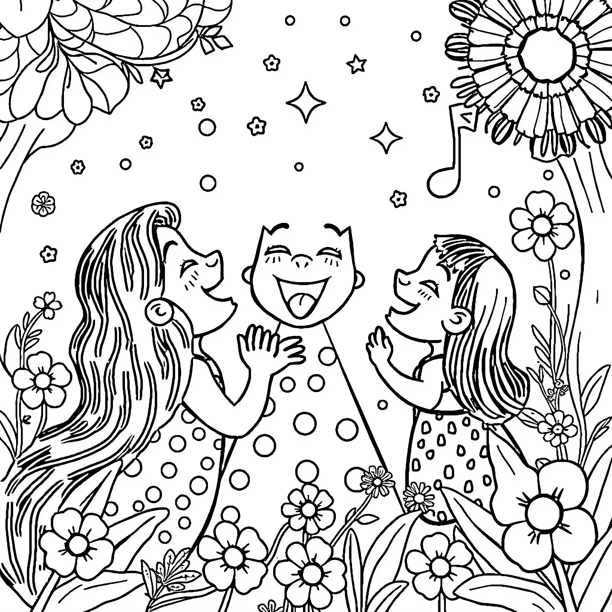 Tralalero: Joyful Figures Amid Whimsical Florals Coloring Page (free black-and-white line drawing printable PDF for all, from beginners to advanced learners, including children, teens, adults, and seniors)