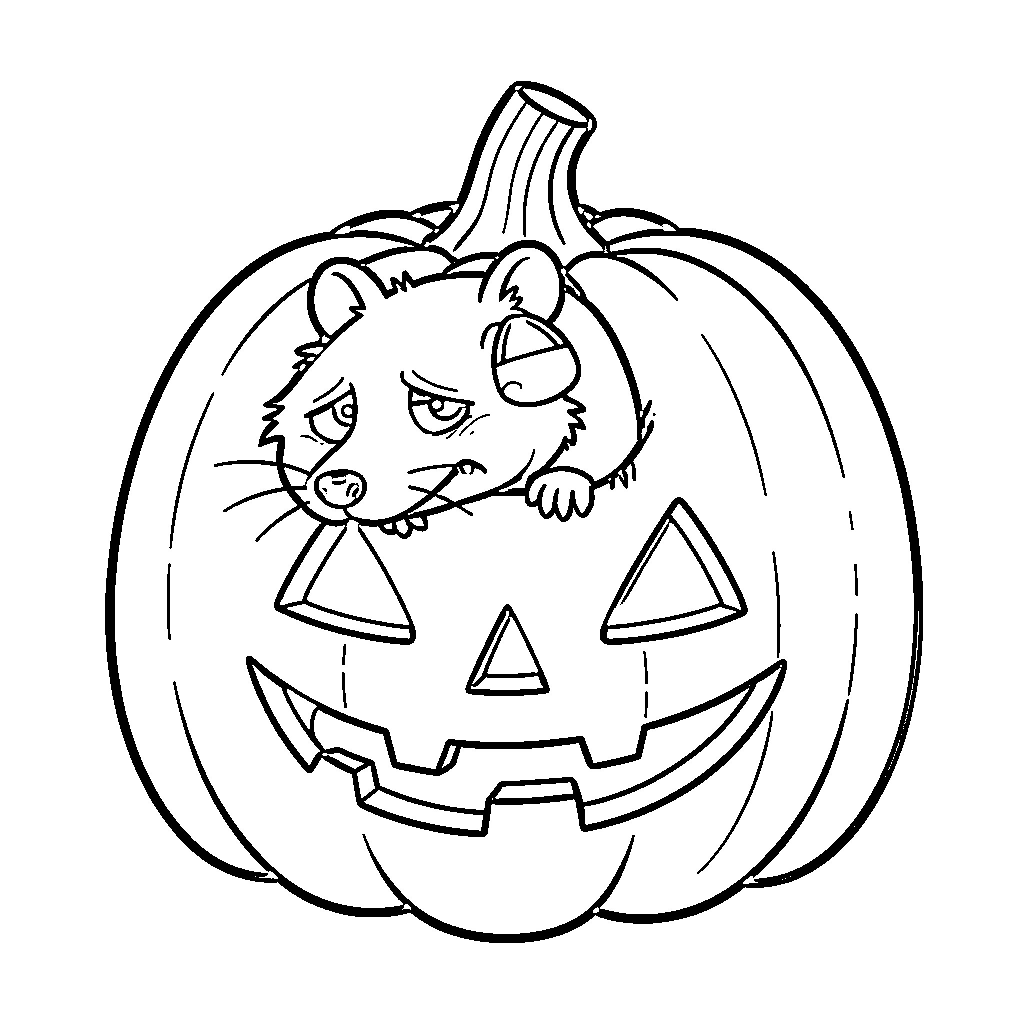 Opossum resting sleepily inside a carved jack-o'-lantern Coloring Page (free black-and-white line drawing printable PDF for all, from beginners to advanced learners, including children, teens, adults, and seniors)
