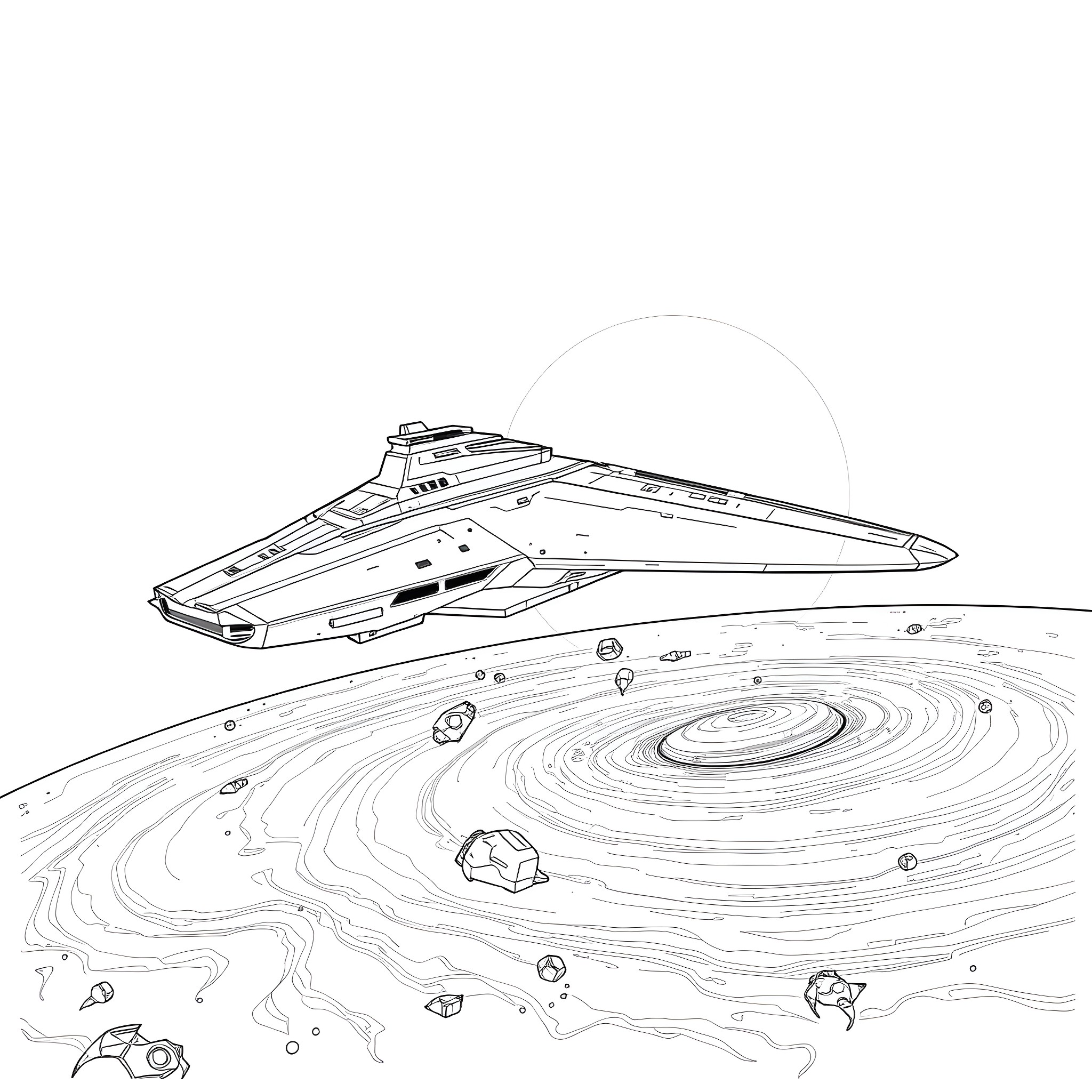 Spaceship navigating through cosmic debris Coloring Page (free black-and-white line drawing printable PDF for all, from beginners to advanced learners, including children, teens, adults, and seniors)