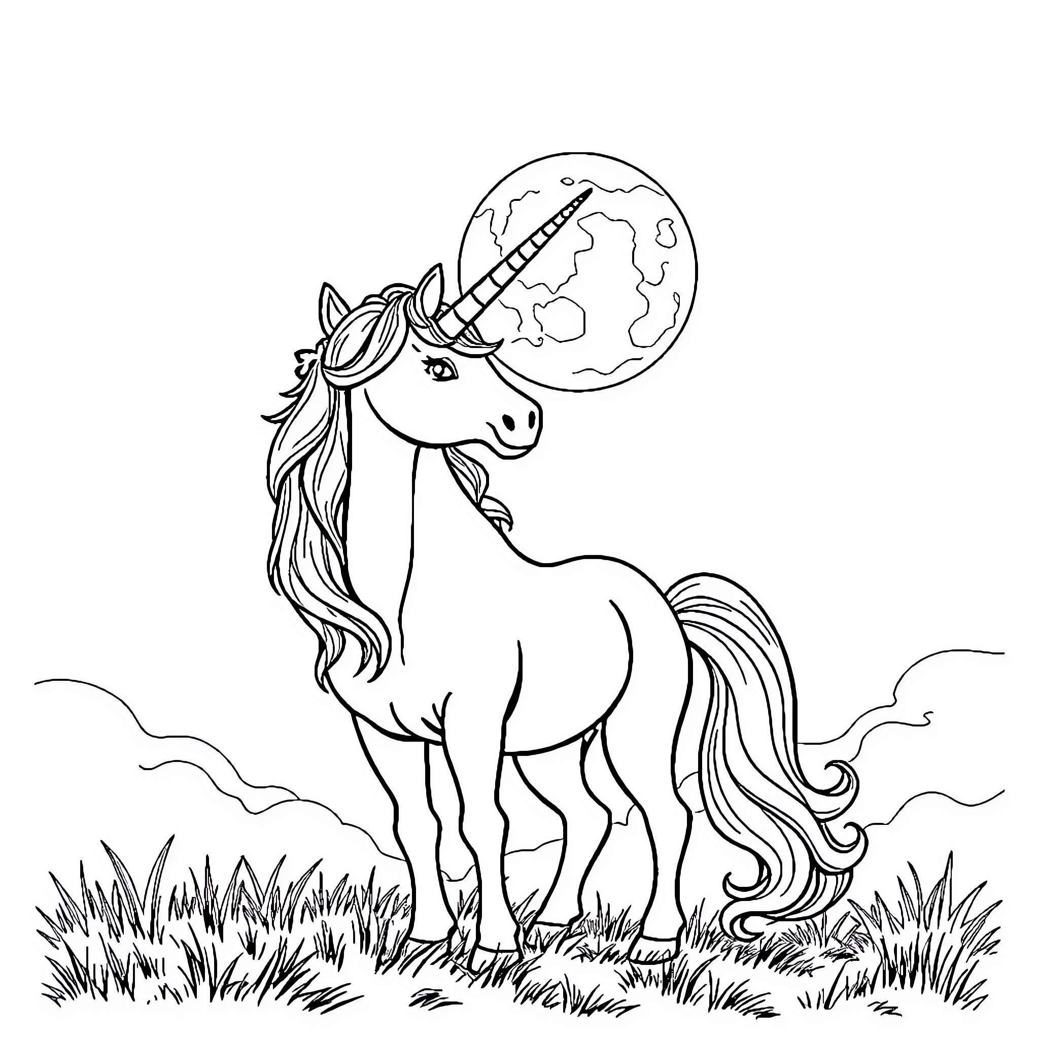 Unicorn gazing at the moon on a starry night Coloring Page (free black-and-white line drawing printable PDF for all, from beginners to advanced learners, including children, teens, adults, and seniors)