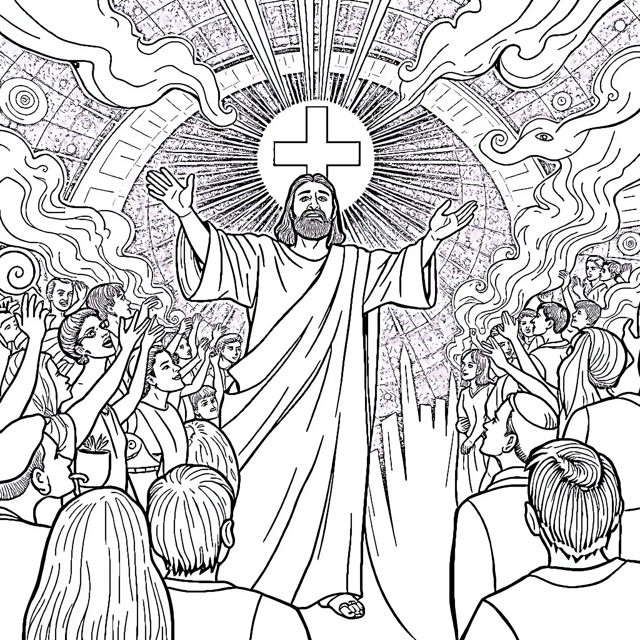 Evangelizing the Crucified Savior's Message Coloring Page (free black-and-white line drawing printable PDF for all, from beginners to advanced learners, including children, teens, adults, and seniors)