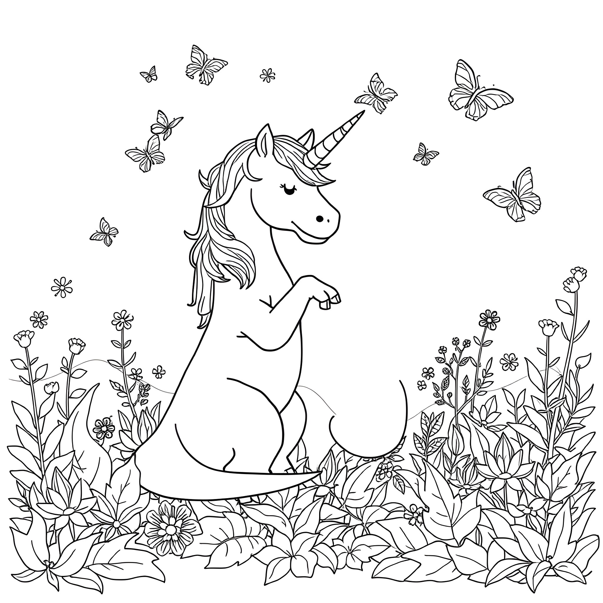 Unicorn resting among whimsical butterflies and flowers Coloring Page (free black-and-white line drawing printable PDF for all, from beginners to advanced learners, including children, teens, adults, and seniors)