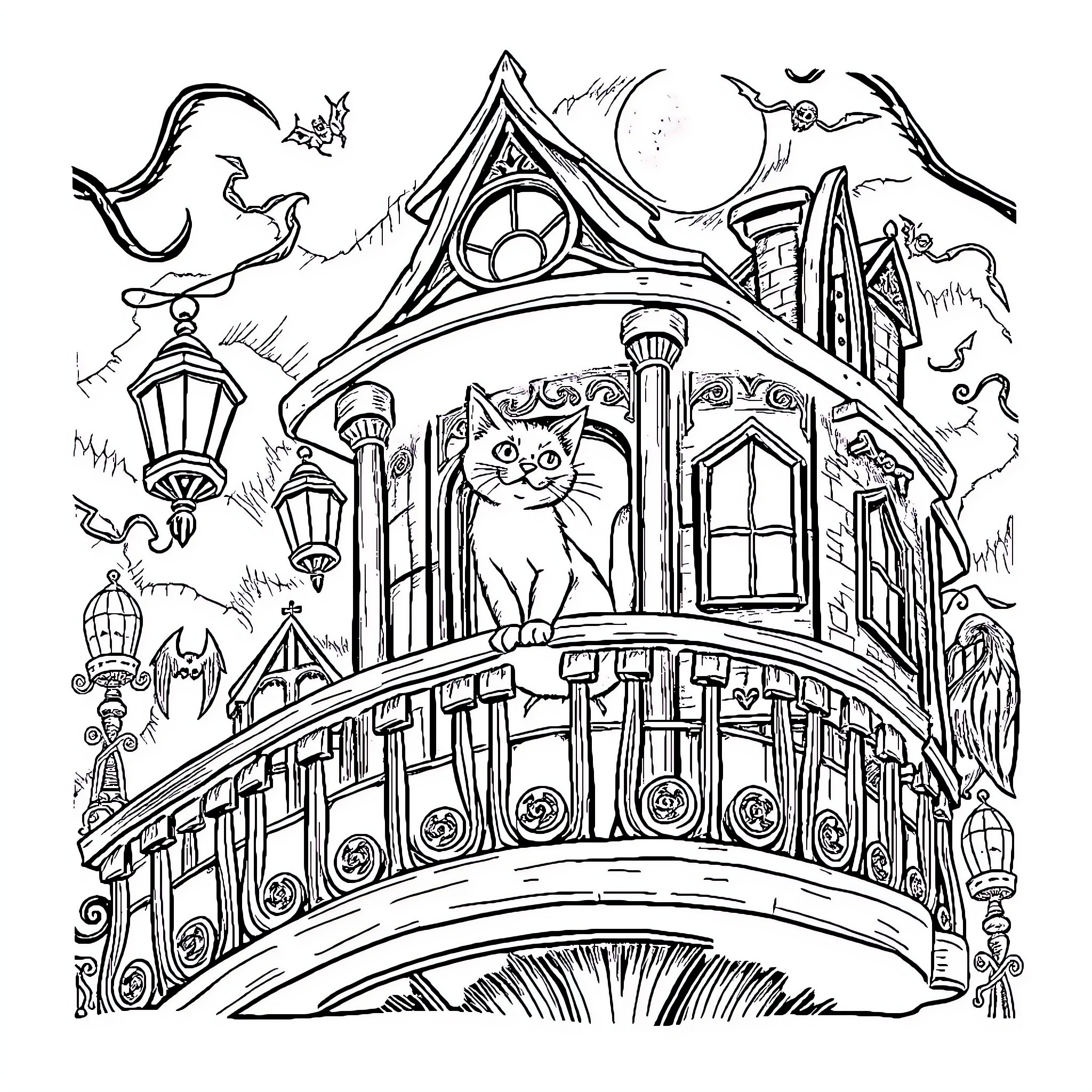 Cat exploring enchanted architectural landscape Coloring Page (free black-and-white line drawing printable PDF for all, from beginners to advanced learners, including children, teens, adults, and seniors)