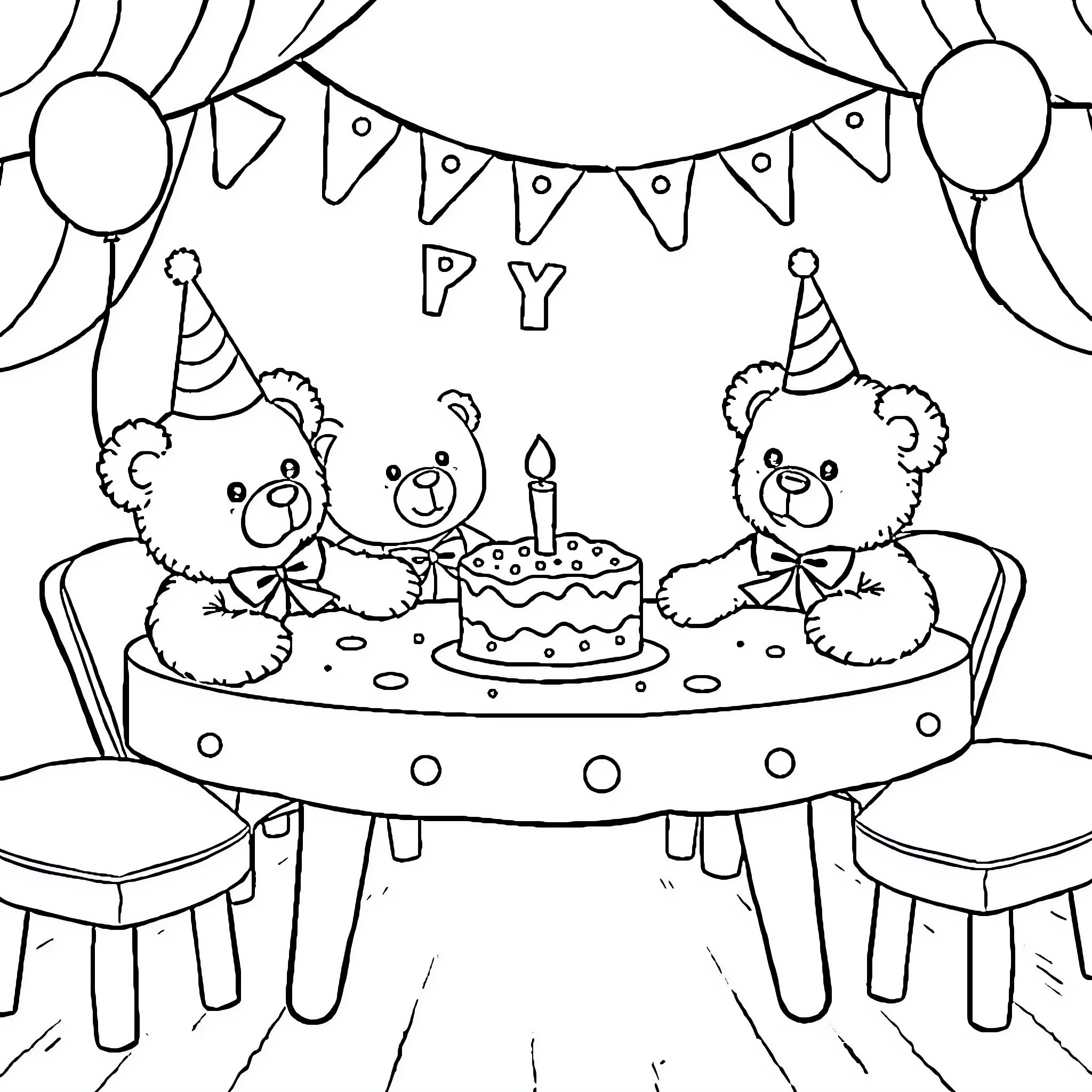 Teddy Bears Celebrating at a Birthday Party Coloring Page (free black-and-white line drawing printable PDF for all, from beginners to advanced learners, including children, teens, adults, and seniors)