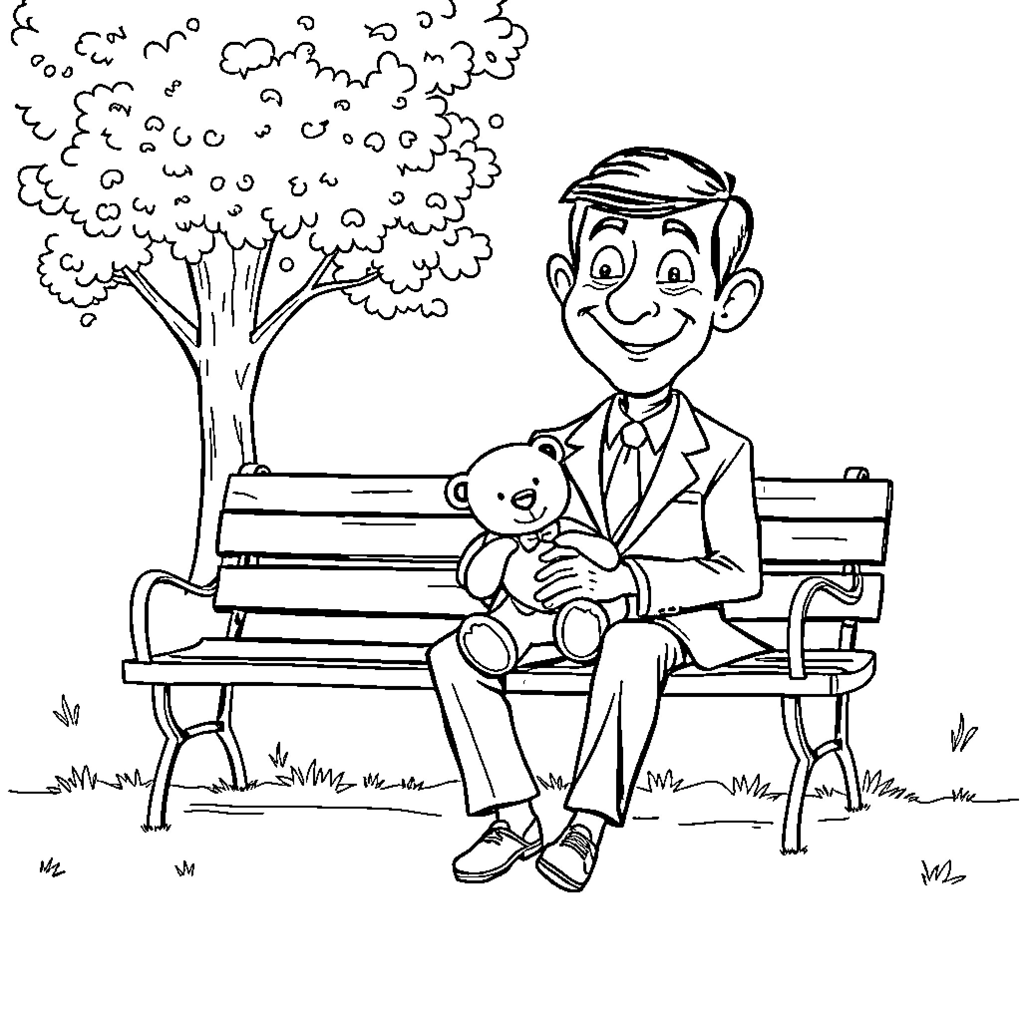 Mr Bean Relaxing on a Bench with Stuffed Bear Coloring Page (free black-and-white line drawing printable PDF for all, from beginners to advanced learners, including children, teens, adults, and seniors)