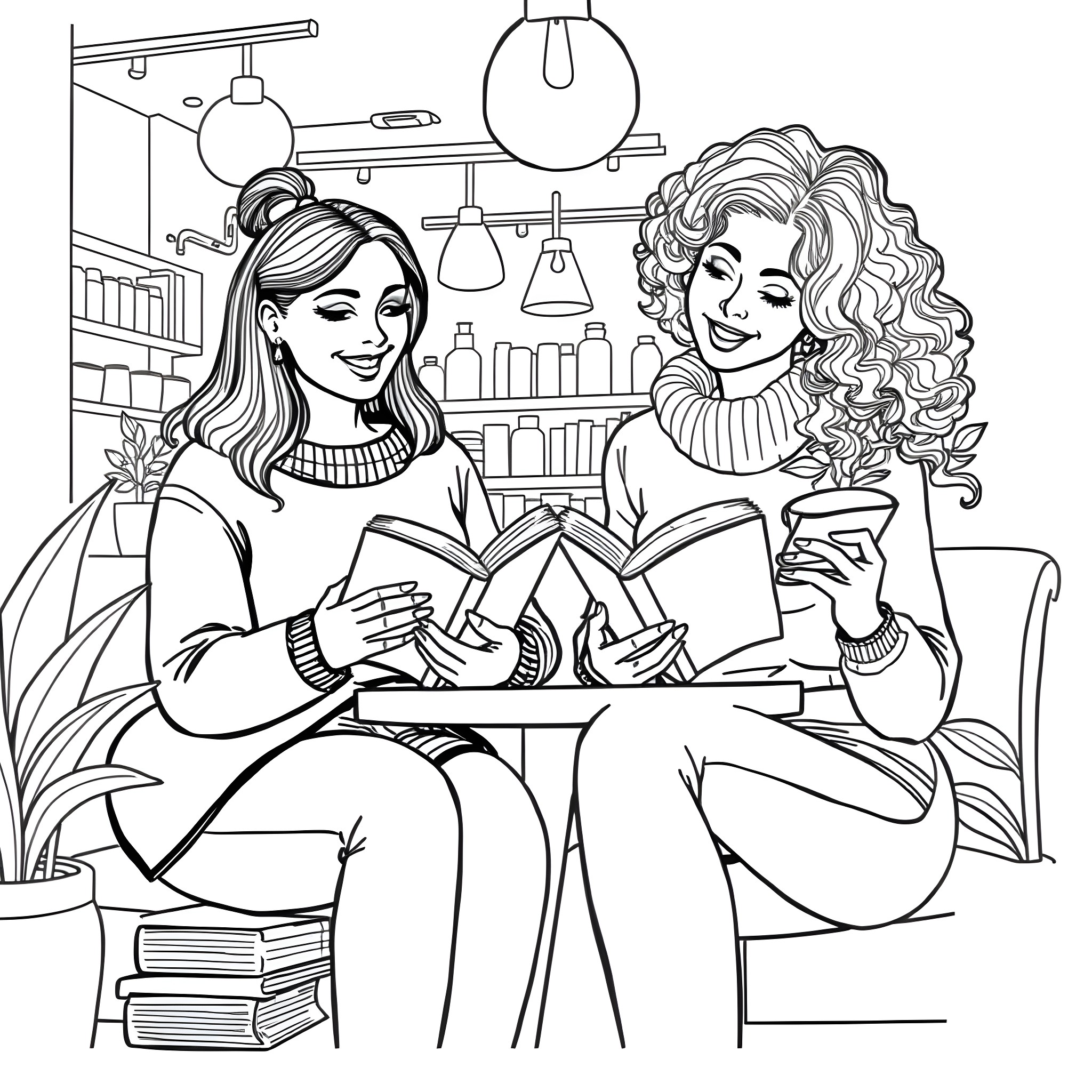 Women Reading Books in a Cozy Library Coloring Page (free black-and-white line drawing printable PDF for all, from beginners to advanced learners, including children, teens, adults, and seniors)