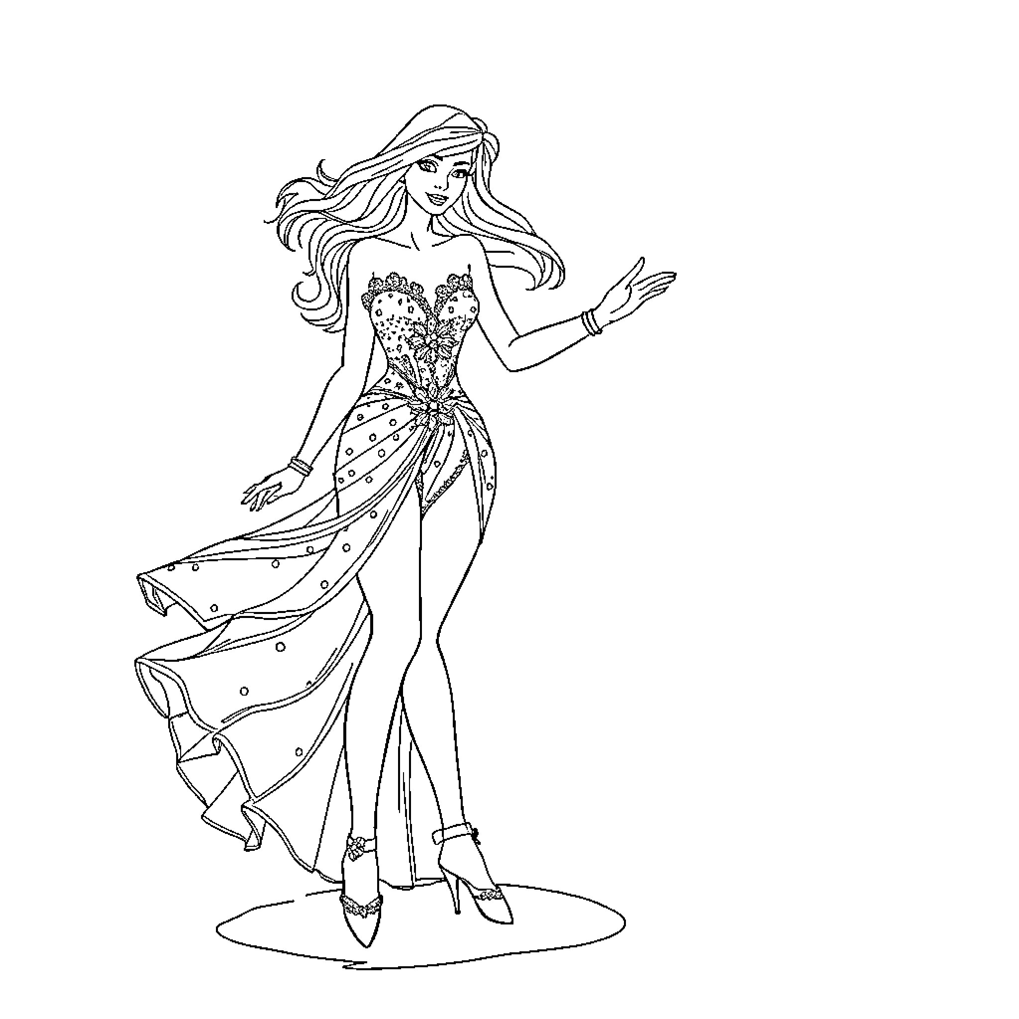 Wonder Woman in Glamorous Gown and Pose Coloring Page (free black-and-white line drawing printable PDF for all, from beginners to advanced learners, including children, teens, adults, and seniors)