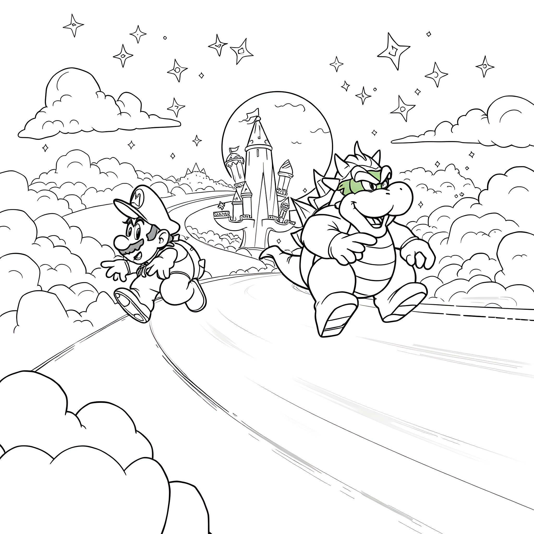 Mario and Bowser Running in a Fantastical Landscape Coloring Page (free black-and-white line drawing printable PDF for all, from beginners to advanced learners, including children, teens, adults, and seniors)