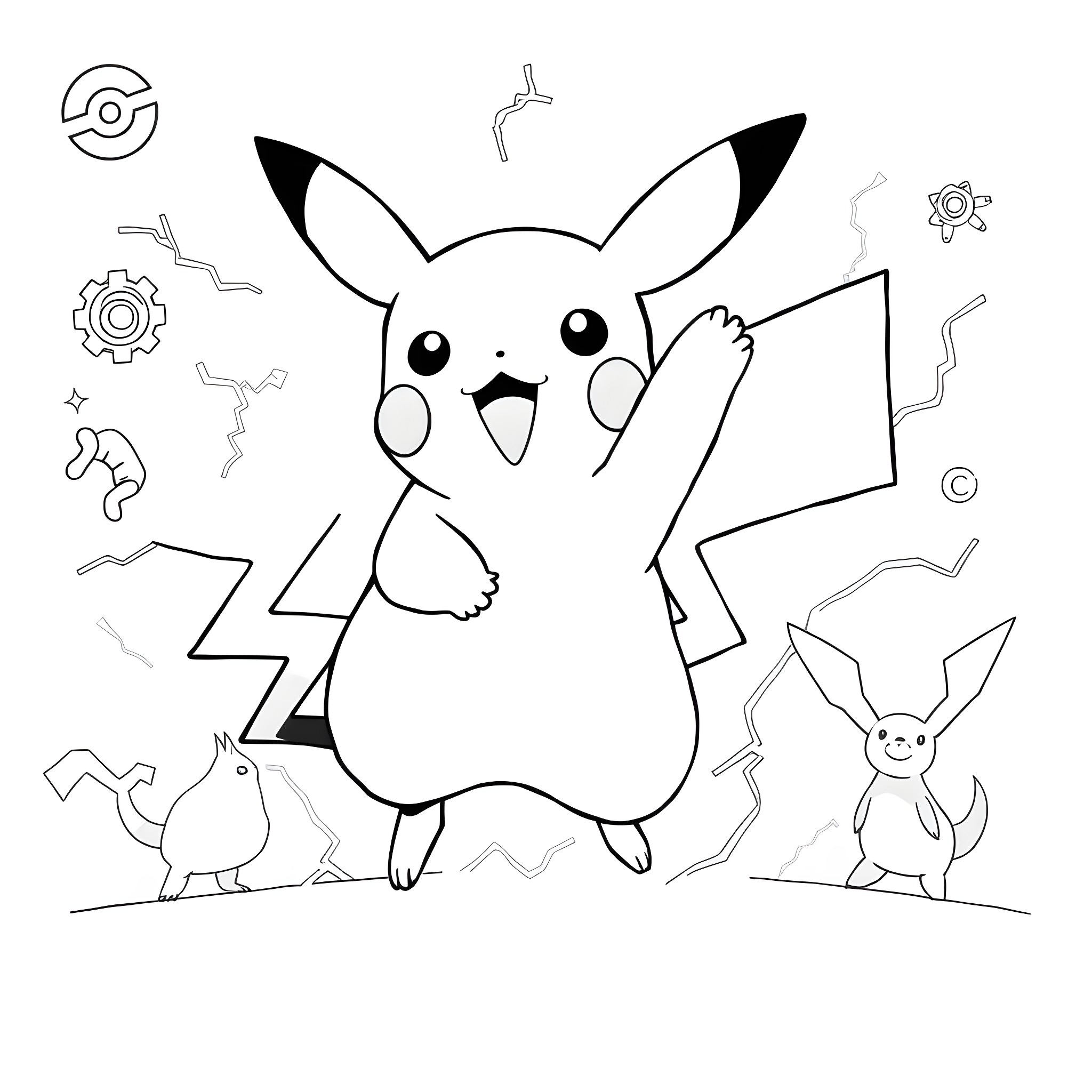 Pikachu exploring the world with Pokémon friends Coloring Page (free black-and-white line drawing printable PDF for all, from beginners to advanced learners, including children, teens, adults, and seniors)