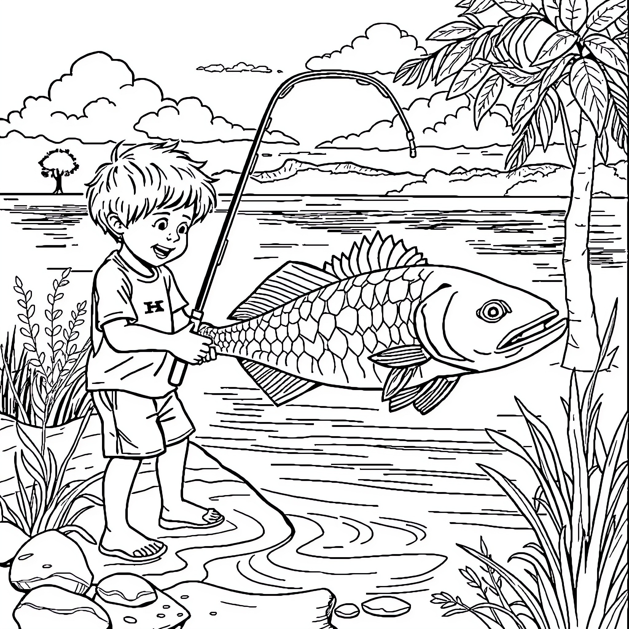 Kid fishing happily in the lake Coloring Page (free black-and-white line drawing printable PDF for all, from beginners to advanced learners, including children, teens, adults, and seniors)